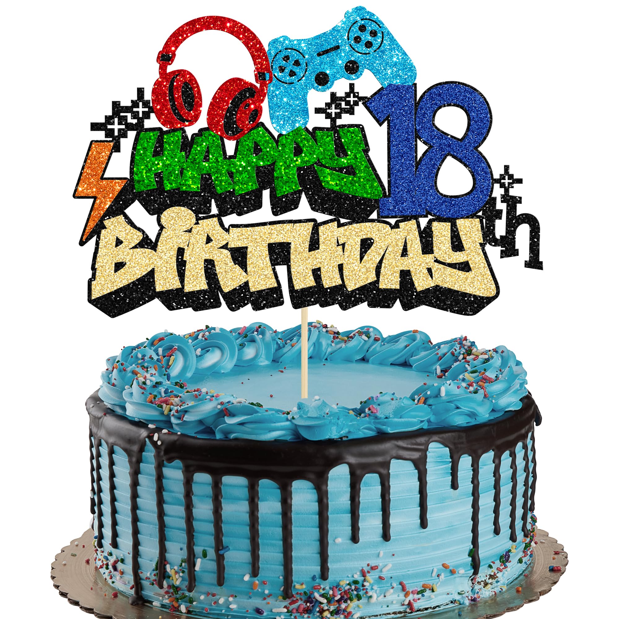 Gyufise 1Pcs Happy 18th Birthday Cake Topper Glitter Video Game Cake Pick Game On Controllers Eighteen Cheers to 18 Years Cake Decoration for Game Theme Happy 18th Birthday Party Supplies