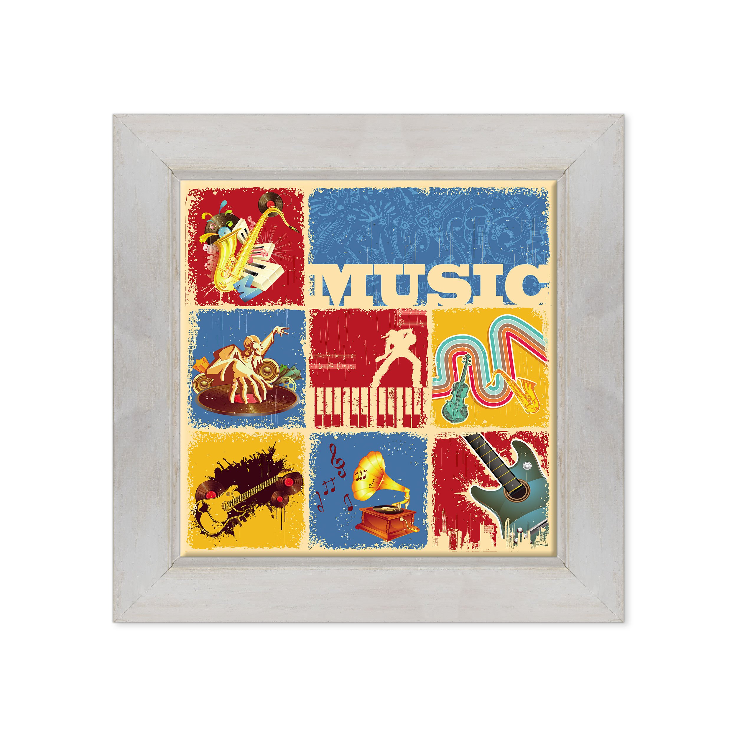 ConKrea Quadro su Tela Canvas INTELAIATO - con Cornice - Musica Arte - Deejay Set - Pop Jazz Rock Blues - Graphic Design - 70x70cm - Stile Country Bianco Shabby - (cod.236)