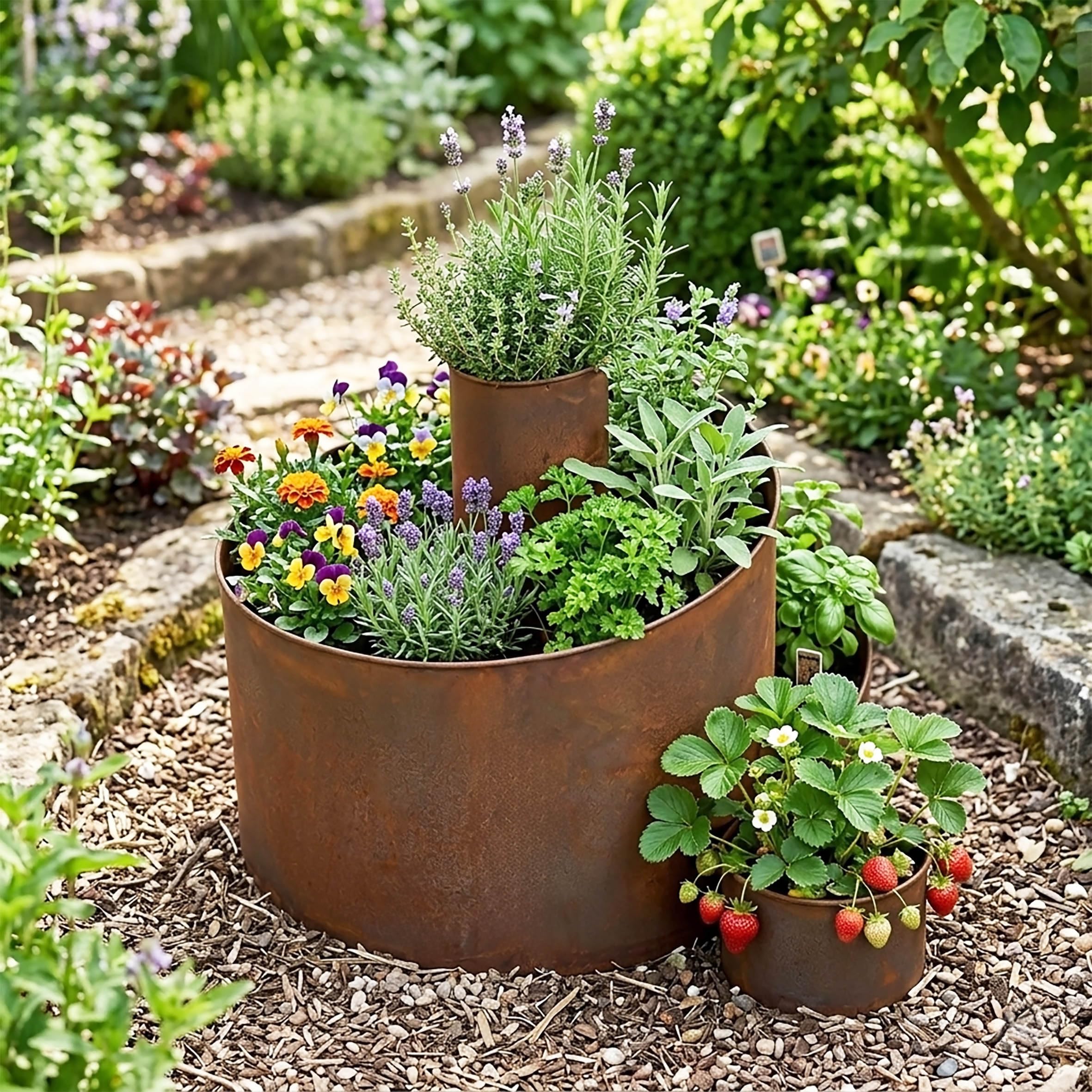 Spetebo Spirale per erbe in ferro patinato a 3 livelli - 58 x 43 cm - Lumaca per erbe aromatiche - Metallo naturale ruggine - 5 scomparti per piantare - Decorazione da giardino - Parterre di erbe