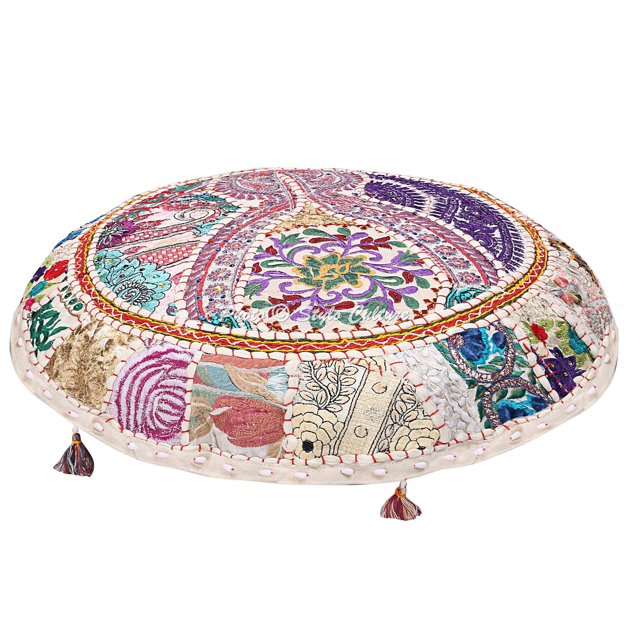 Fodera Per Cuscino Da Pavimento Rotondo Khambadiya - Ricamato A Mano Patchwork Vintage - 70 Cm Bianco - Solo Coperta