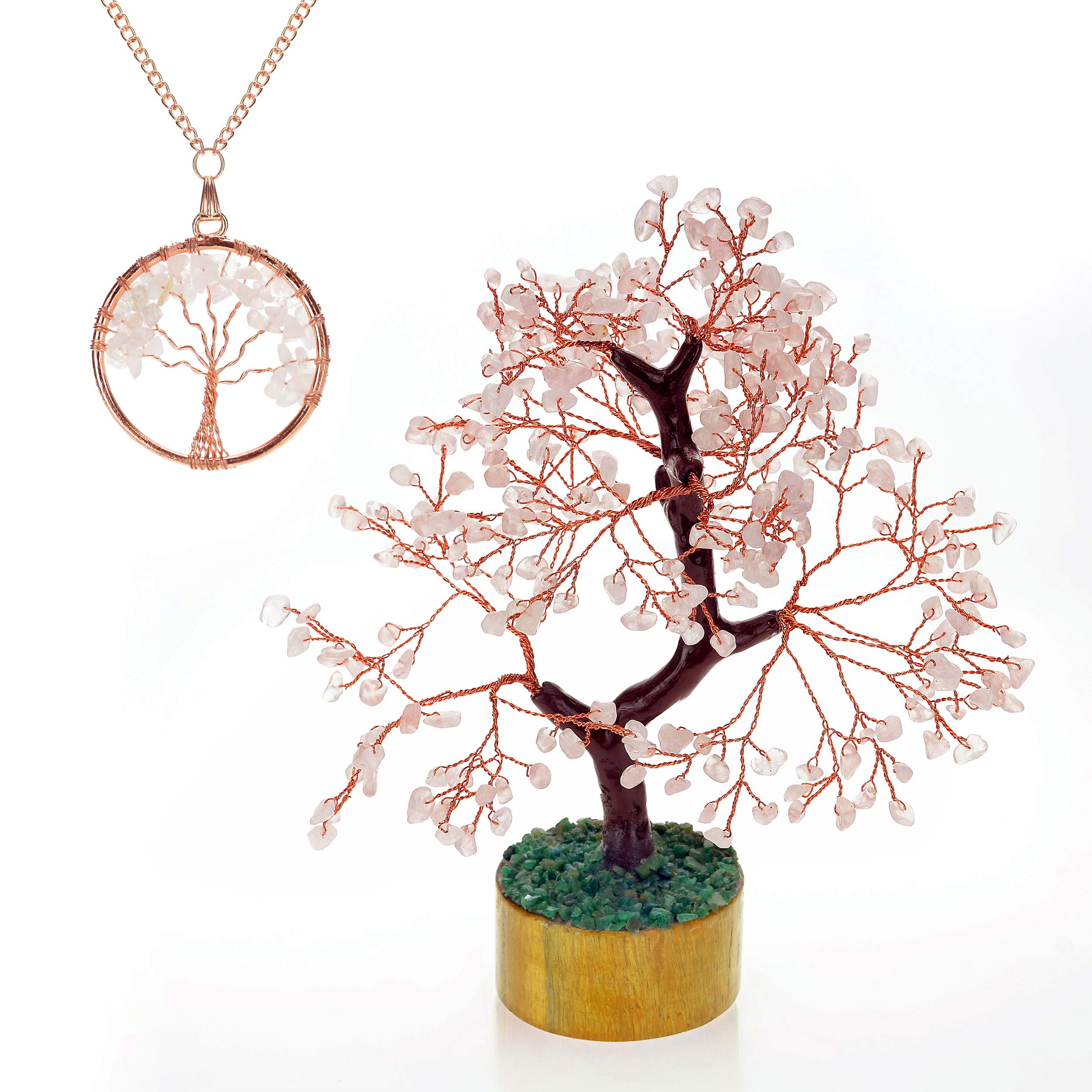 Sculpture Feng Shui arbre à monnaie en quartz rose avec fil de cuivre