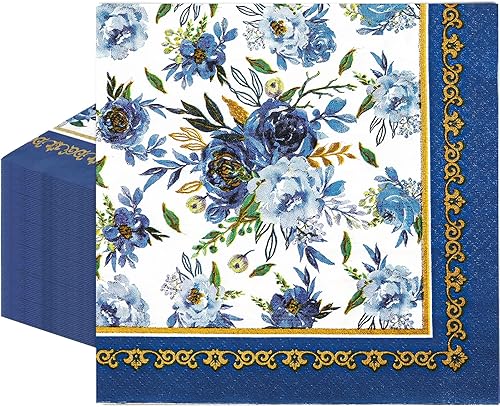 AnyDesign Paquete de 80 servilletas de papel florales azul marino con flores azules y blancas, servilletas de almuerzo desechables con marco dorado,