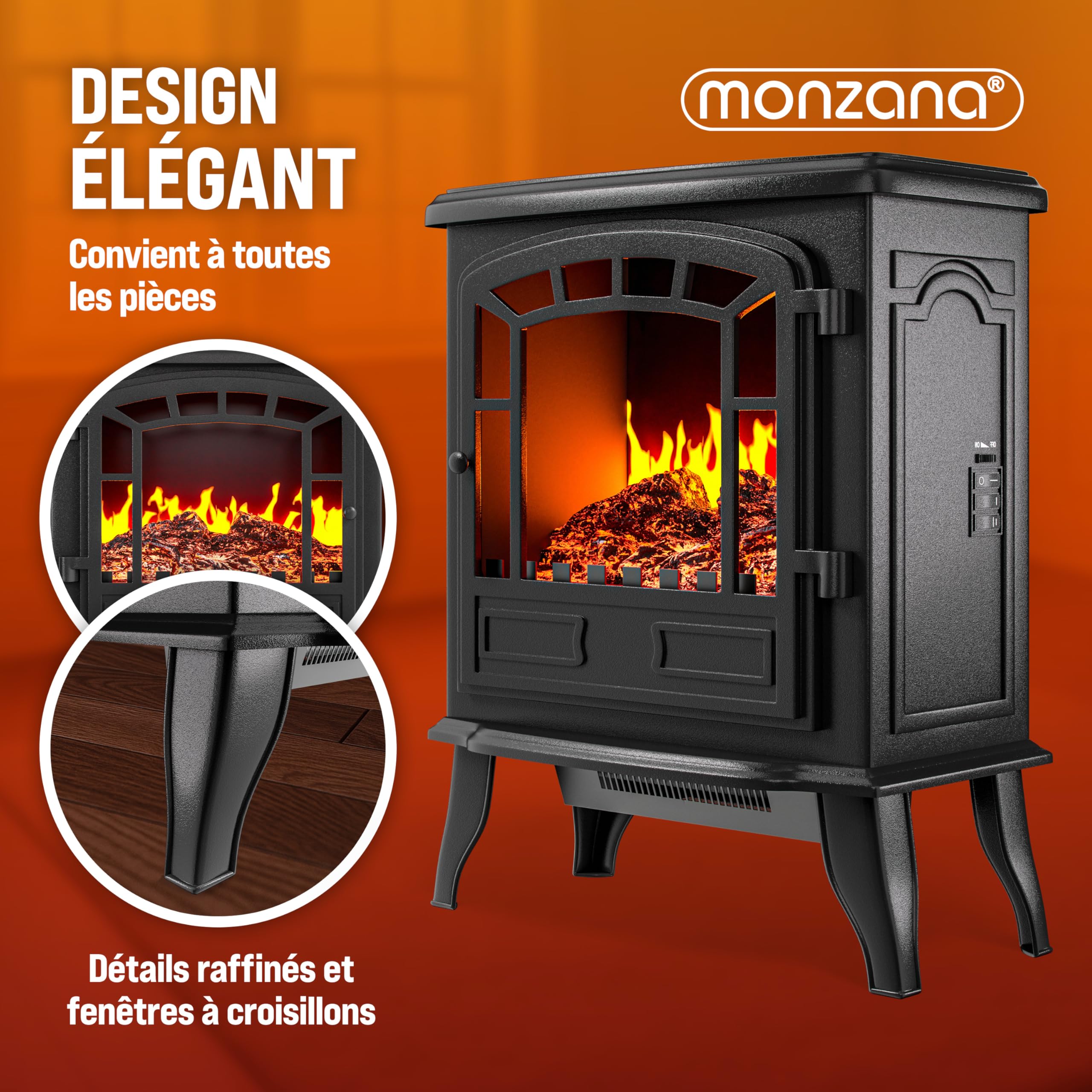 MONZANA® Cheminée électrique Effet Flamme LED 2000 W 2 Niveaux de Chauffage radiateur électrique Fausse cheminée chauffante Chauffage d'appoint 30 m² Noir