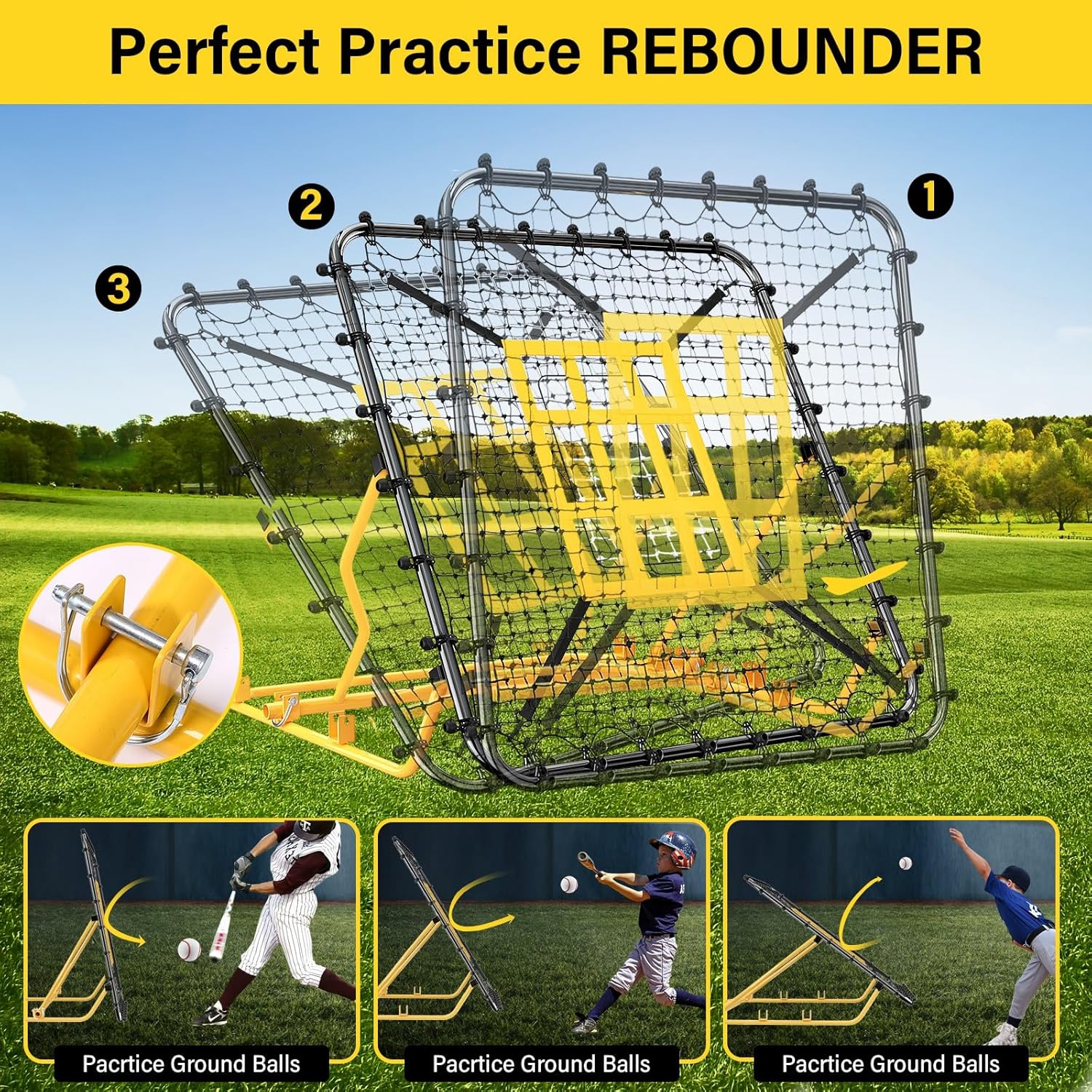 Utheer Baseball Rebounder Net 4x4.5FT Pitch Back Trainer with Strike Zone & 9-Grid Target for Baseball Softball Soccer Volleyball Lacrosse - 3 Adjustable Angles | Steel Frame UV Net | Foldable