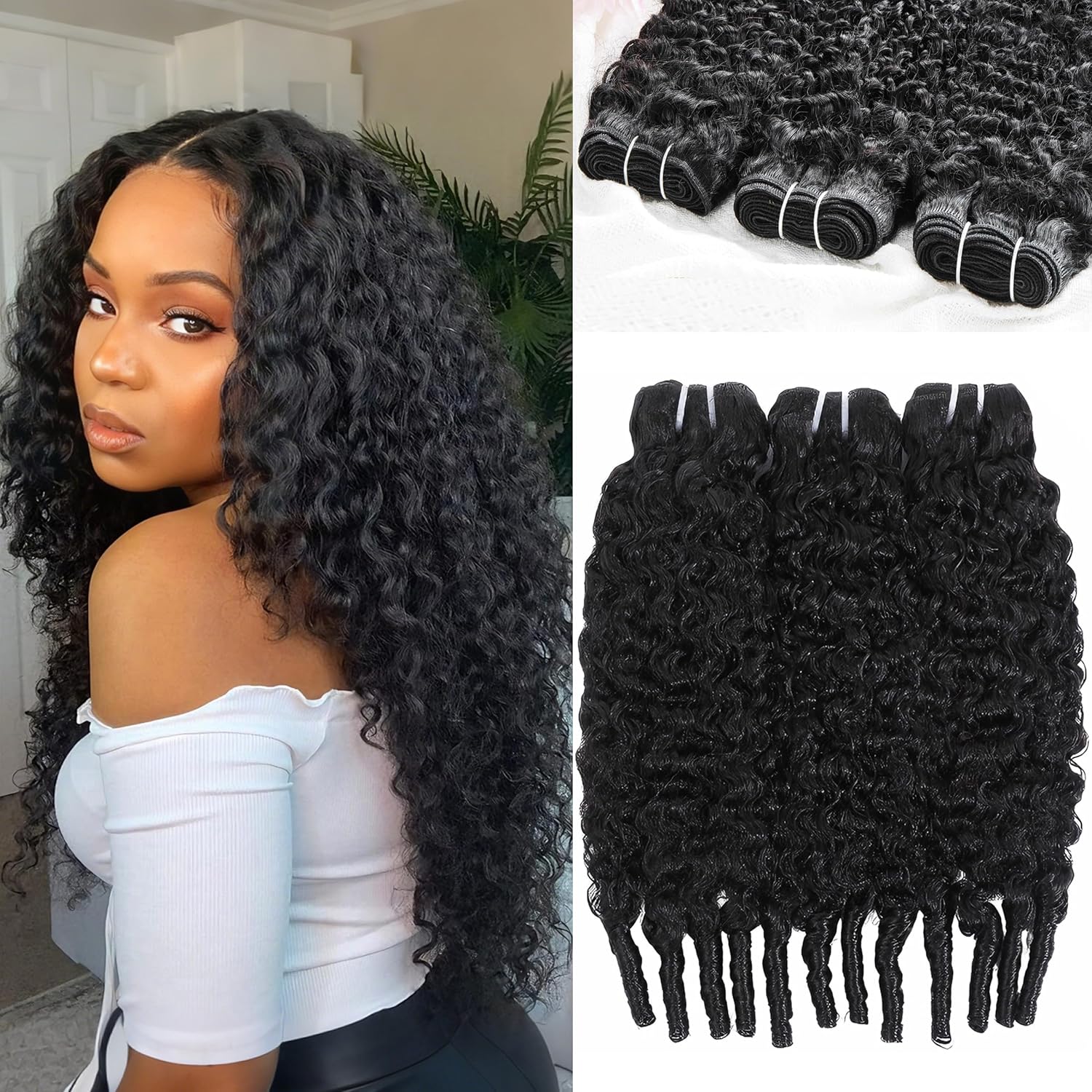 Burmese Curly Bundles Human Hair 3 Bundles 14 16 18 Inch Brazilian Virgin Remy Hair Wet and Wavy Hair Bundle for Women Water Wave with Spiral Curly End 100% Unprocessed Hair Extensions Natural Black