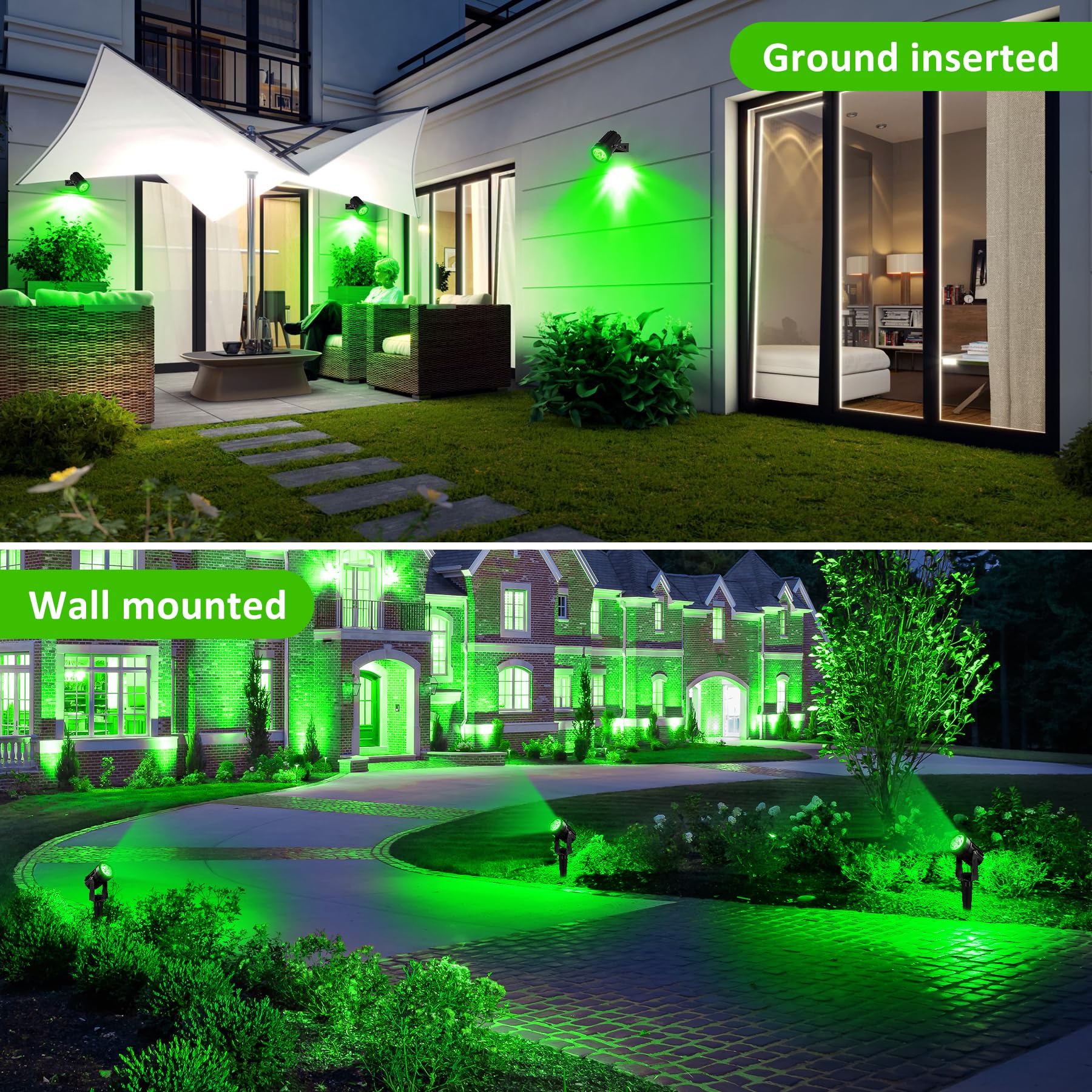 NATPOW Focos LED Exterior Solare Verde, 2 en 1 Luz Solar Arbol Exterior, IP65 Impermeable, 2 Niveles de Brillo de Crepúsculo a Amanecer Iluminación para Jardin, Patio, Caminos