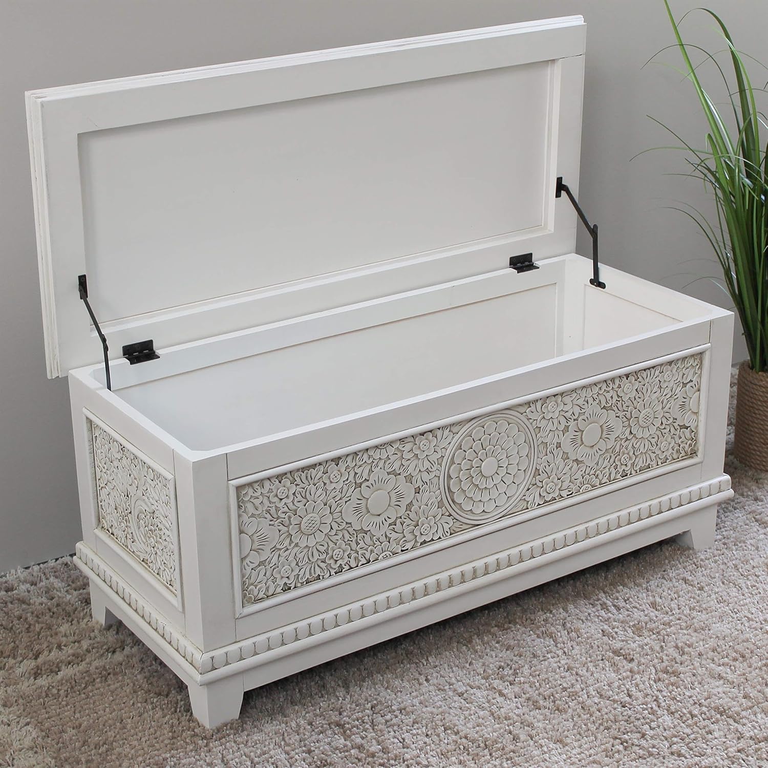 Pemberly Row Hardwood Carved Storage Trunk Bench, Antique White Finish, 39" W x 18" H x 17" D, Spacious Hinged Interior, Distressed Elegant Design, Multipurpose for Living Room, Bedroom, Entryway