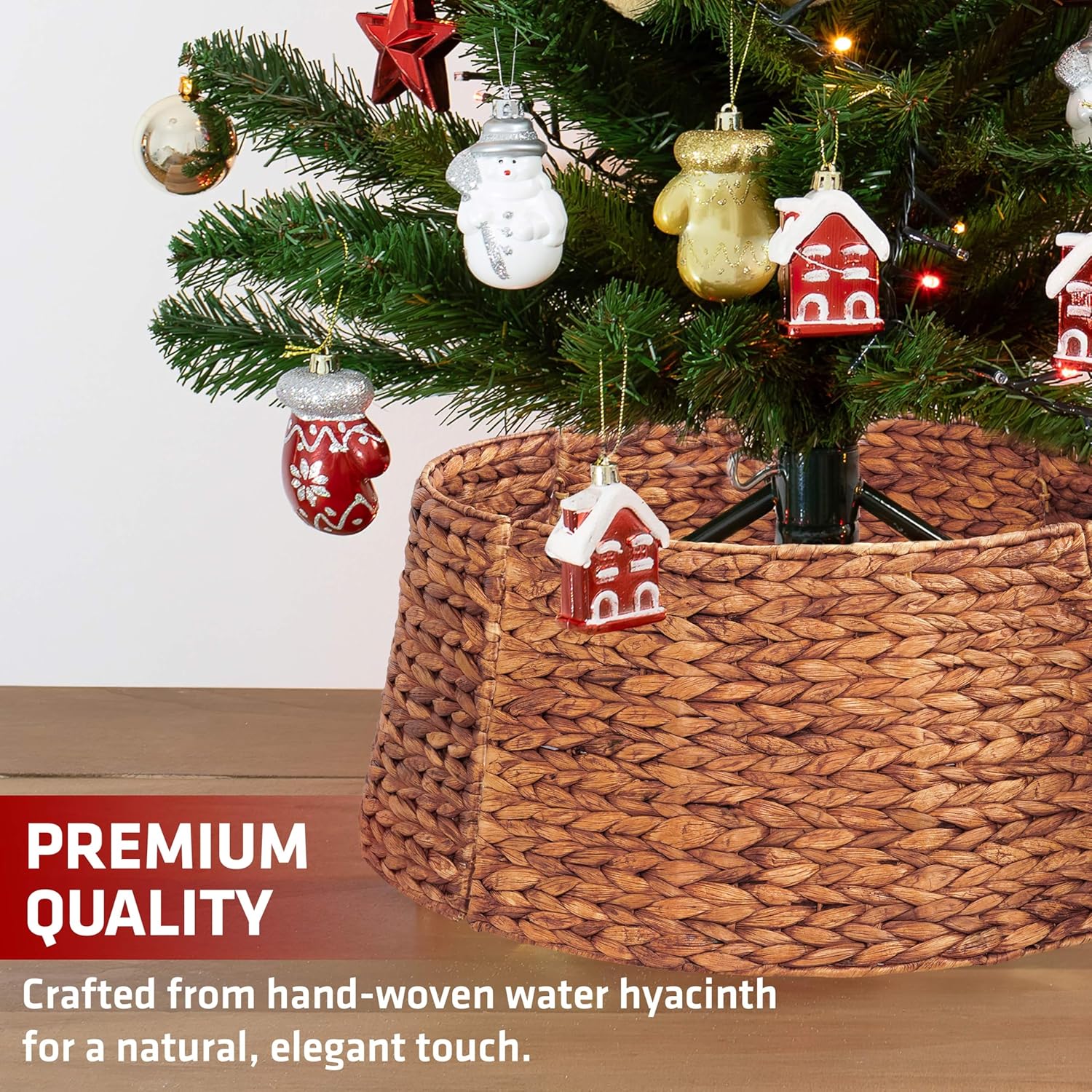 MIXUMON Handmade Water Hyacinth Christmas Tree Collar 24" – Rustic Basketweave Tree Base Cover, Eco-Friendly Skirt Alternative with Cord Cut-Out (Brown)