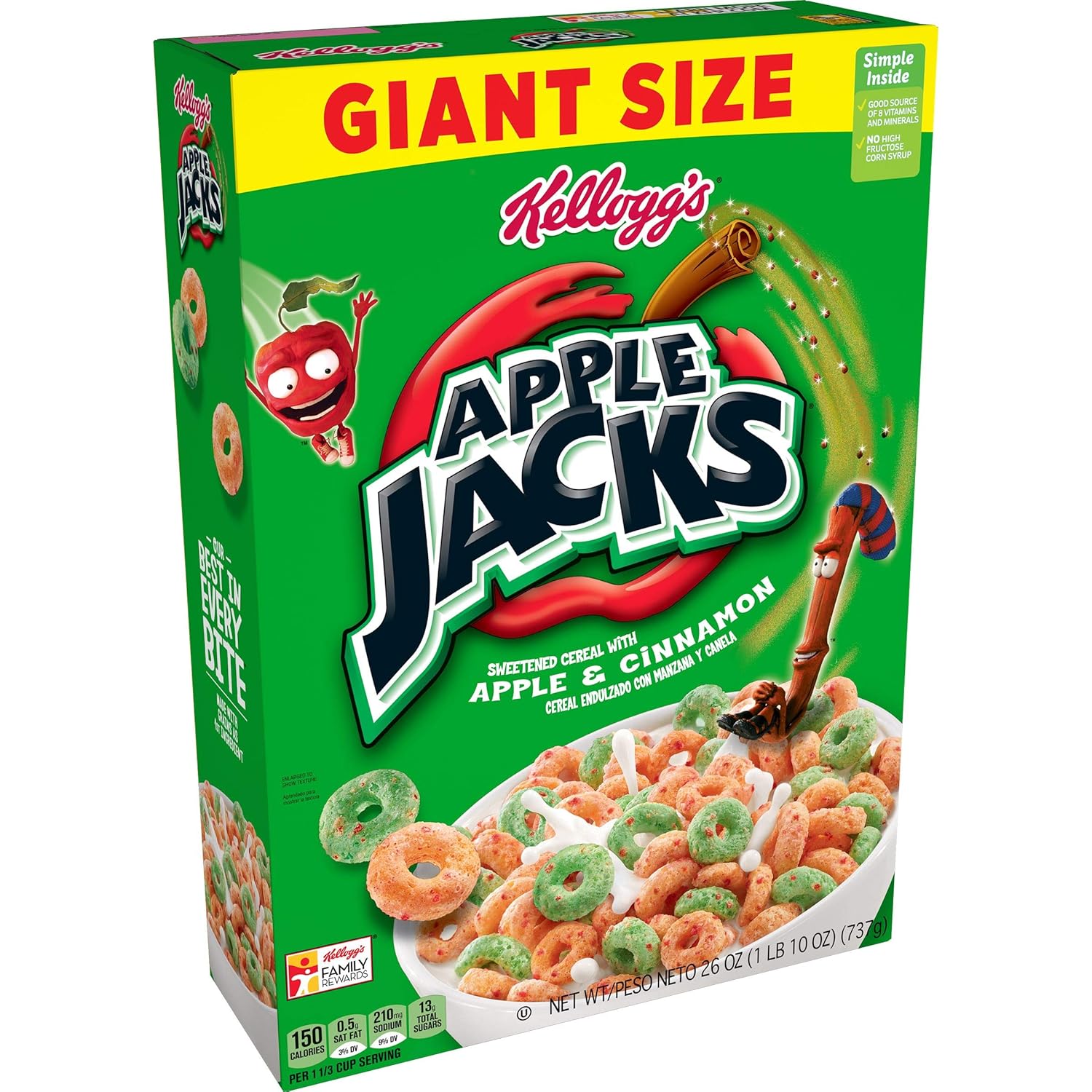 Kellogg's Apple Jacks, Breakfast Cereal, Original, Good Source of 8 Vitamins and Minerals, Giant Size, 26oz Box