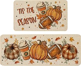 Baccessor Fall Pumpkin Kitchen Rugs Set of 2, 17x29 and 17x47 Inch | Football Autumn Kitchen Mats for Floor,Rubber Backing,Low Profile and Washable Care,Non Slip