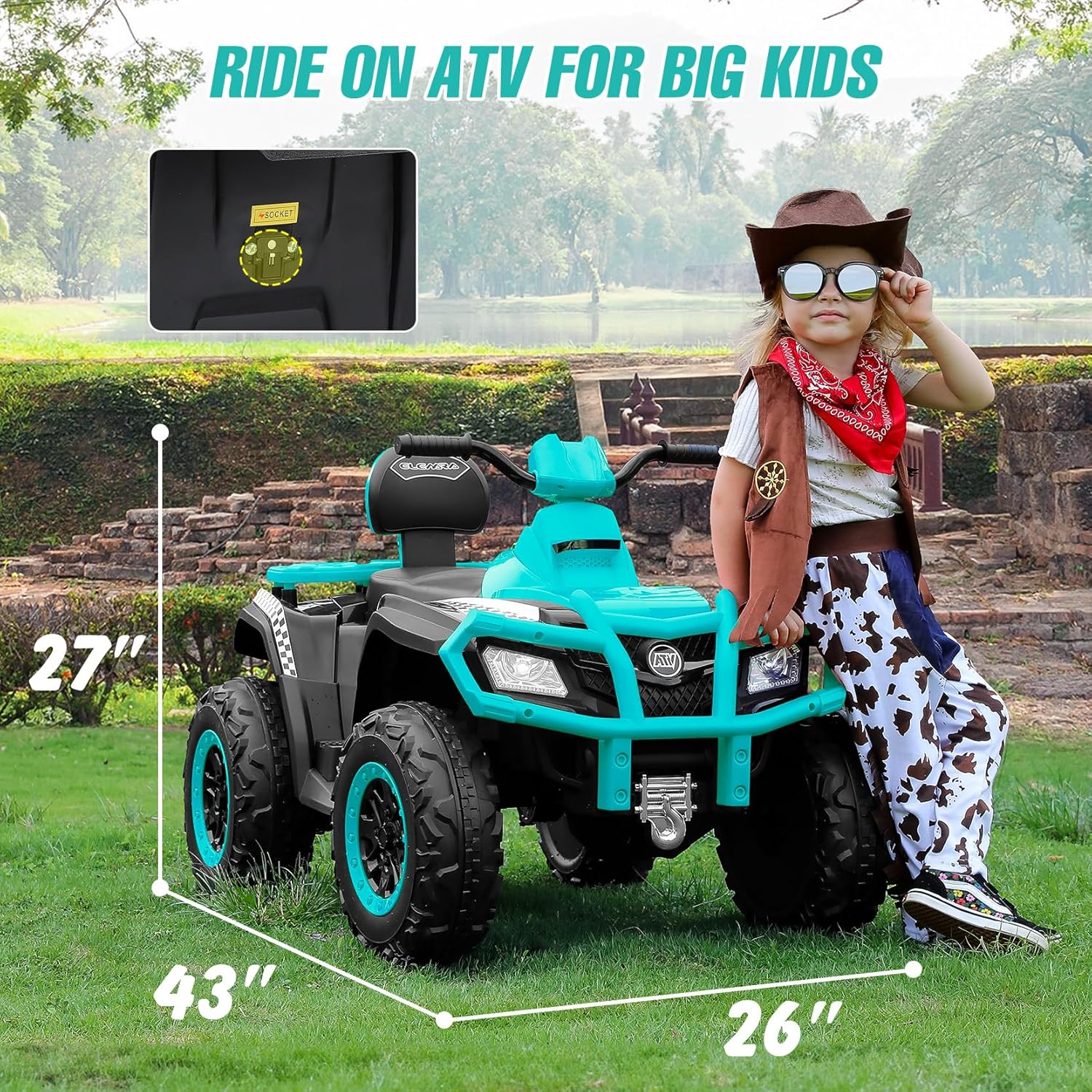 ELEMARA 2 Seater Ride on ATV for Big Kids,Big Kids Ride on ATV Electric 4 Wheeler with 10AH Battery, 4mph Max Speed, Electric Car,LED Headlights, 12V Battery Powered Ride on Toy for Boys & Girls,Green
