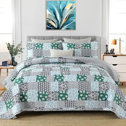 Juego de edredón verde tamaño King, juego de colcha reversible de 3 piezas, juego de ropa de cama de microfibra suave y ligera para todas las