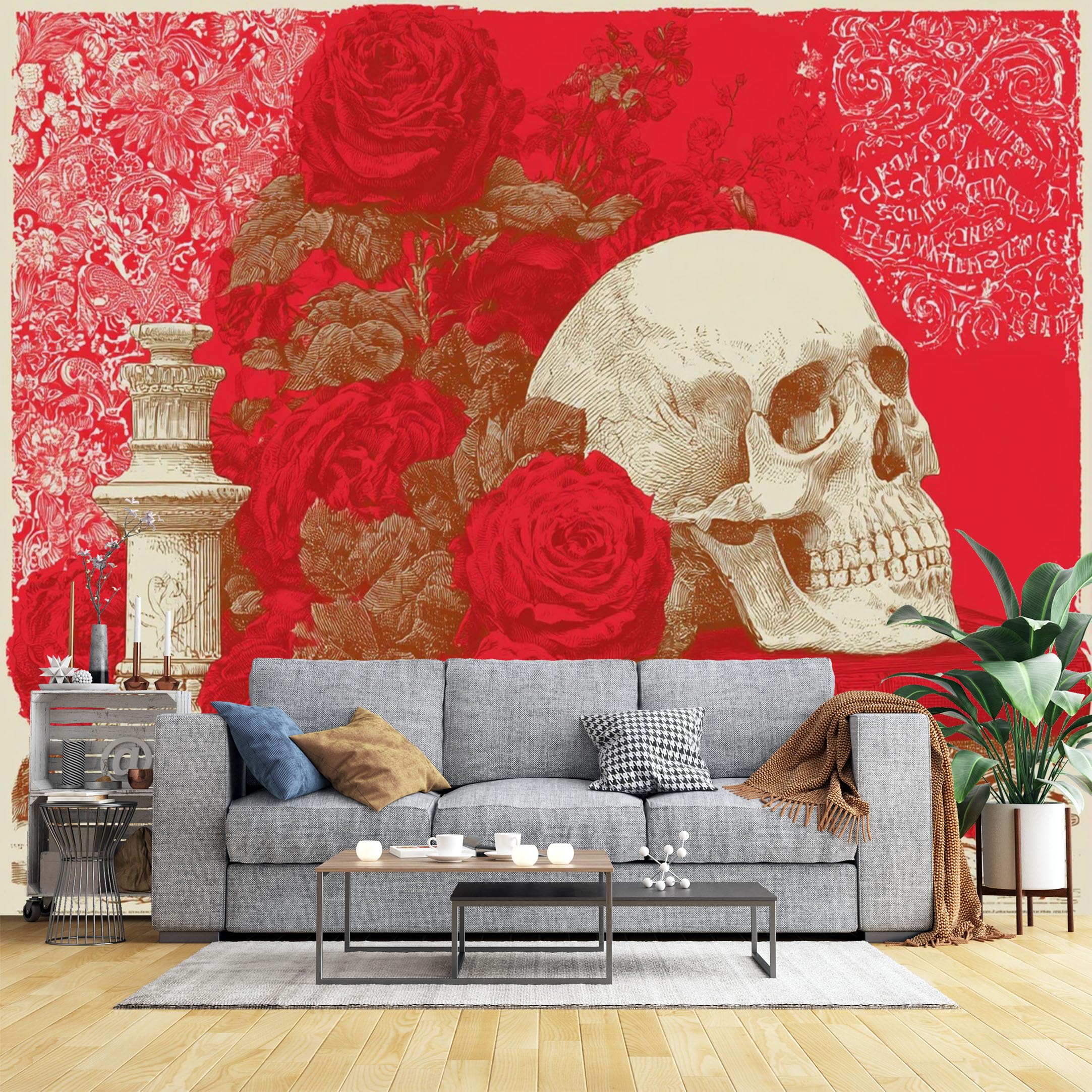 Custom Size Wall Murals Skull with Red Roses Wall Murals Gothic Art Wallpaper, HD Self-Adhesive Removable Wallpaper for Bedroom
