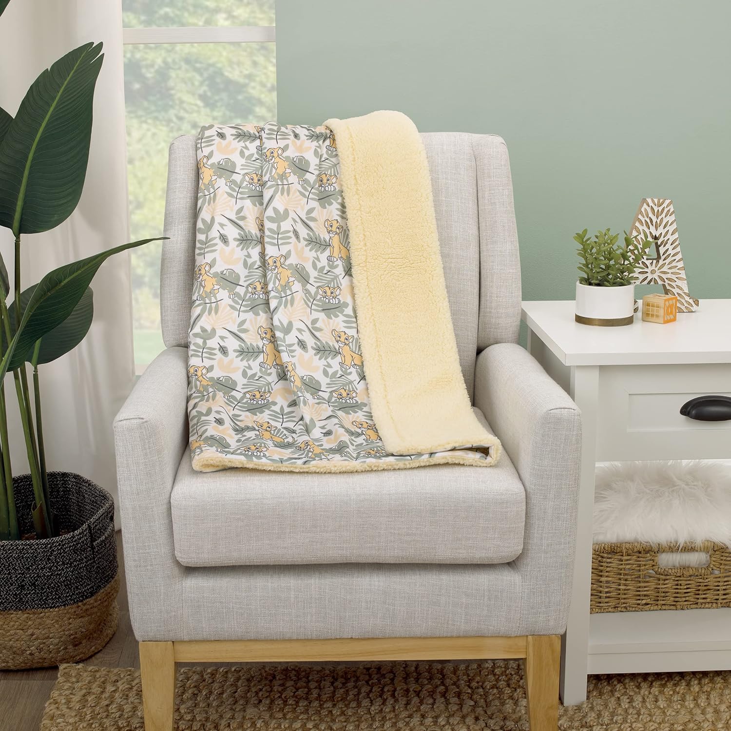 Disney Lion King Simba Yellow, Green, and White Jungle Leaves Super Soft Baby Blanket with Sherpa Back - Image 4