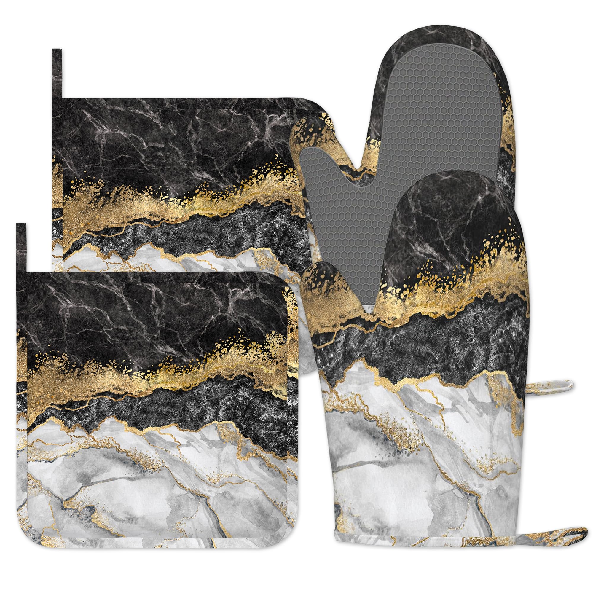 Oven Mitts and Pot Holders Sets of 4, Black Gold Marble Silicone Oven Gloves Heat Resistant, Non-Slip BBQ Gloves for Kitchen Cooking Baking Grilling Microwave