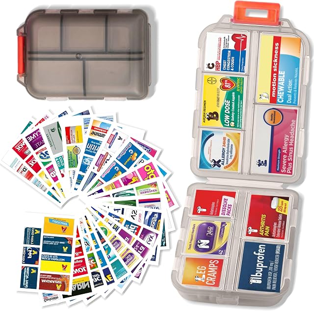 Pill Organizer with 161 Medicine Labels, Daily Travel Pill Case (Grey) | Compact 10-compartment pill case and pill box with 161 medicine labels for 7-day planning, vitamins, supplements, and travel