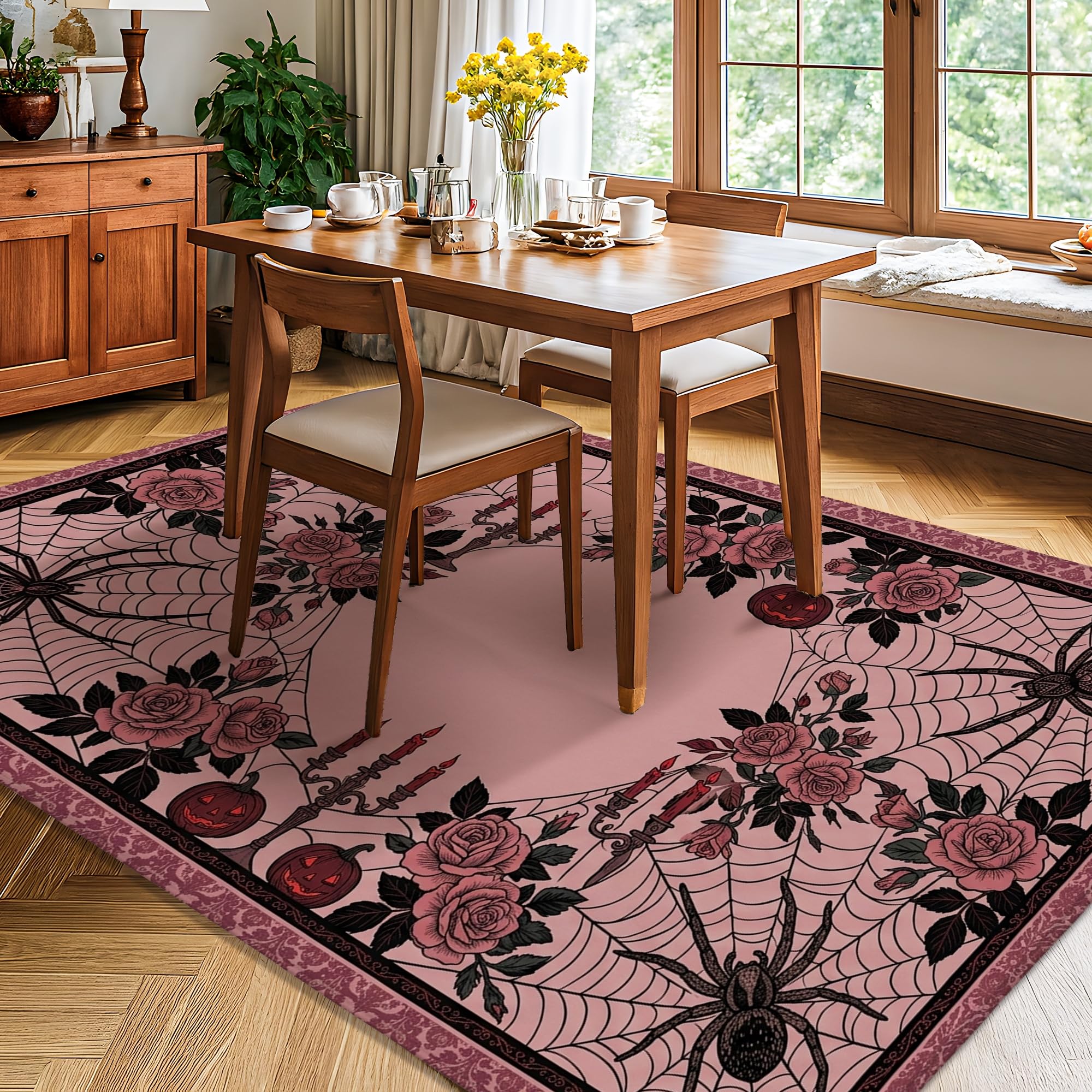 Alfombra gótica con diseño de telaraña, decoración de rosas para Halloween