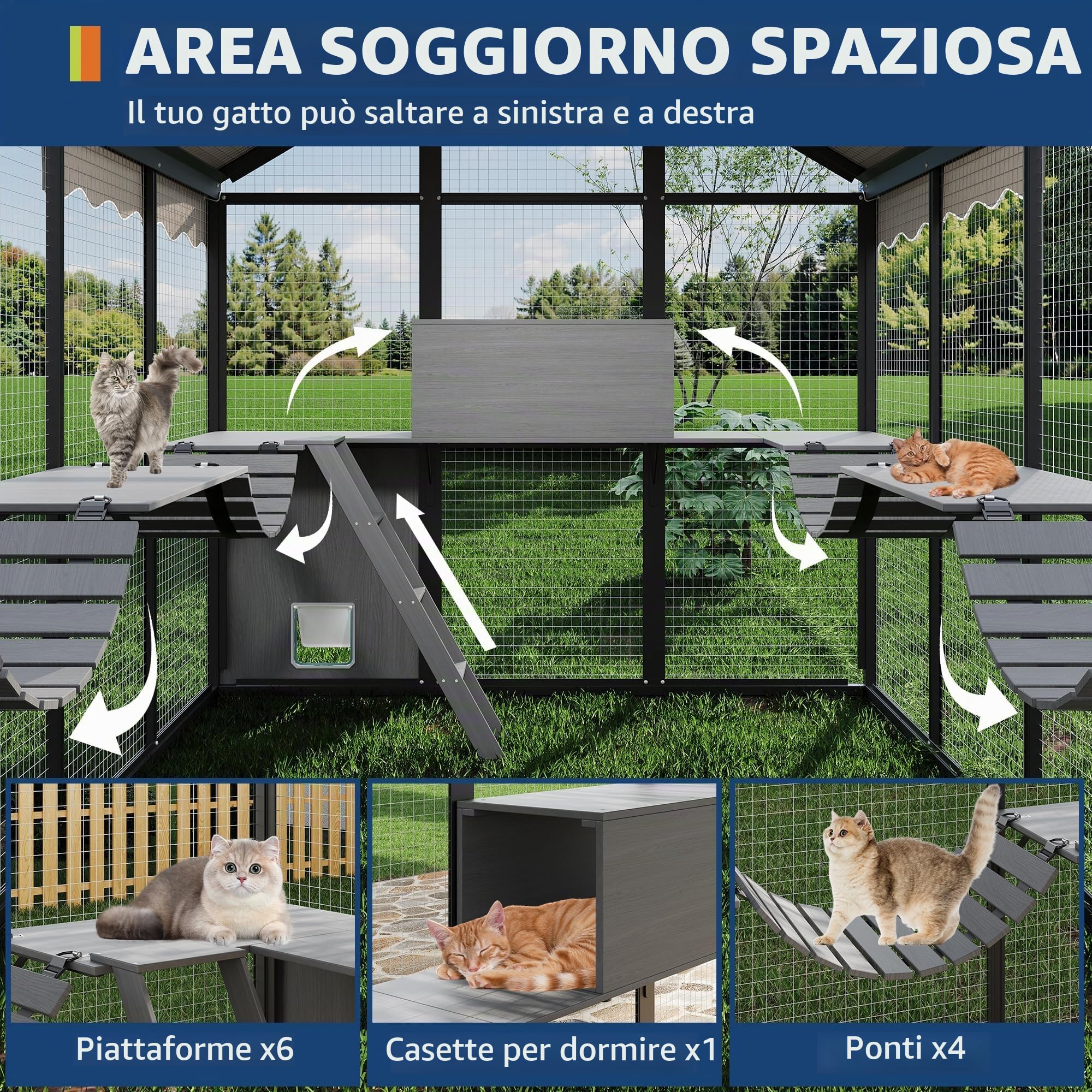 Garvee Recinto gatti da esterno ampio in alluminio – Catio walk-in con canale – Porta laterale – Copertura UV e piattaforma – Ideale per più gatti – 190-4 Cat Room