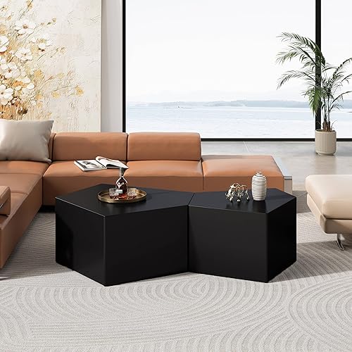 Miniatura 59 de Juego de 2 mesas de centro anidadas, mesas de café redondas de nogal, mesa redonda de madera moderna y mesa auxiliar para espacios pequeños,