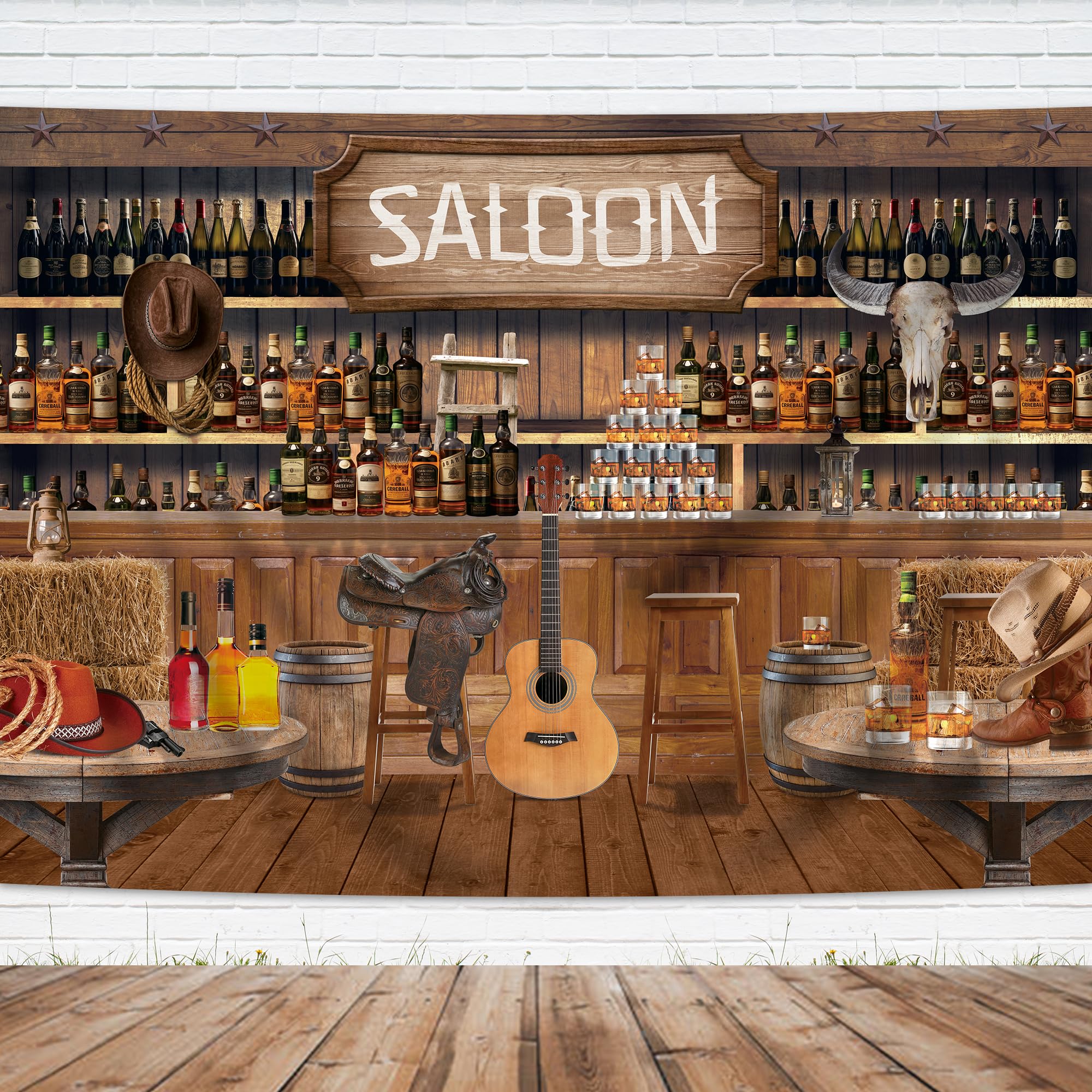 Imirell Western Saloon Cowboy Backdrop 7Wx5H Feet Vintage Wild West Wooden House Bar Barn Door Retro Country Guitar Polyester Fabric for Men