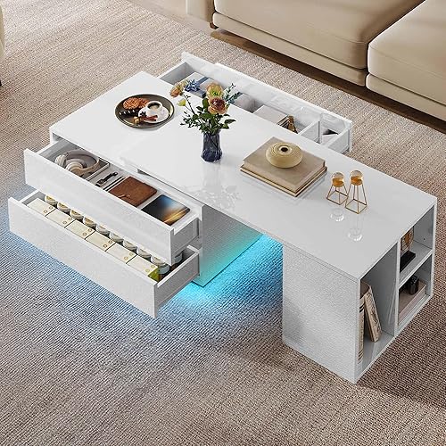 Miniatura 3 de YITAHOME Mesa auxiliar LED con 4 cajones de almacenamiento, mesas auxiliares extensibles para sala de estar, moderna mesa de cóctel rectangular de