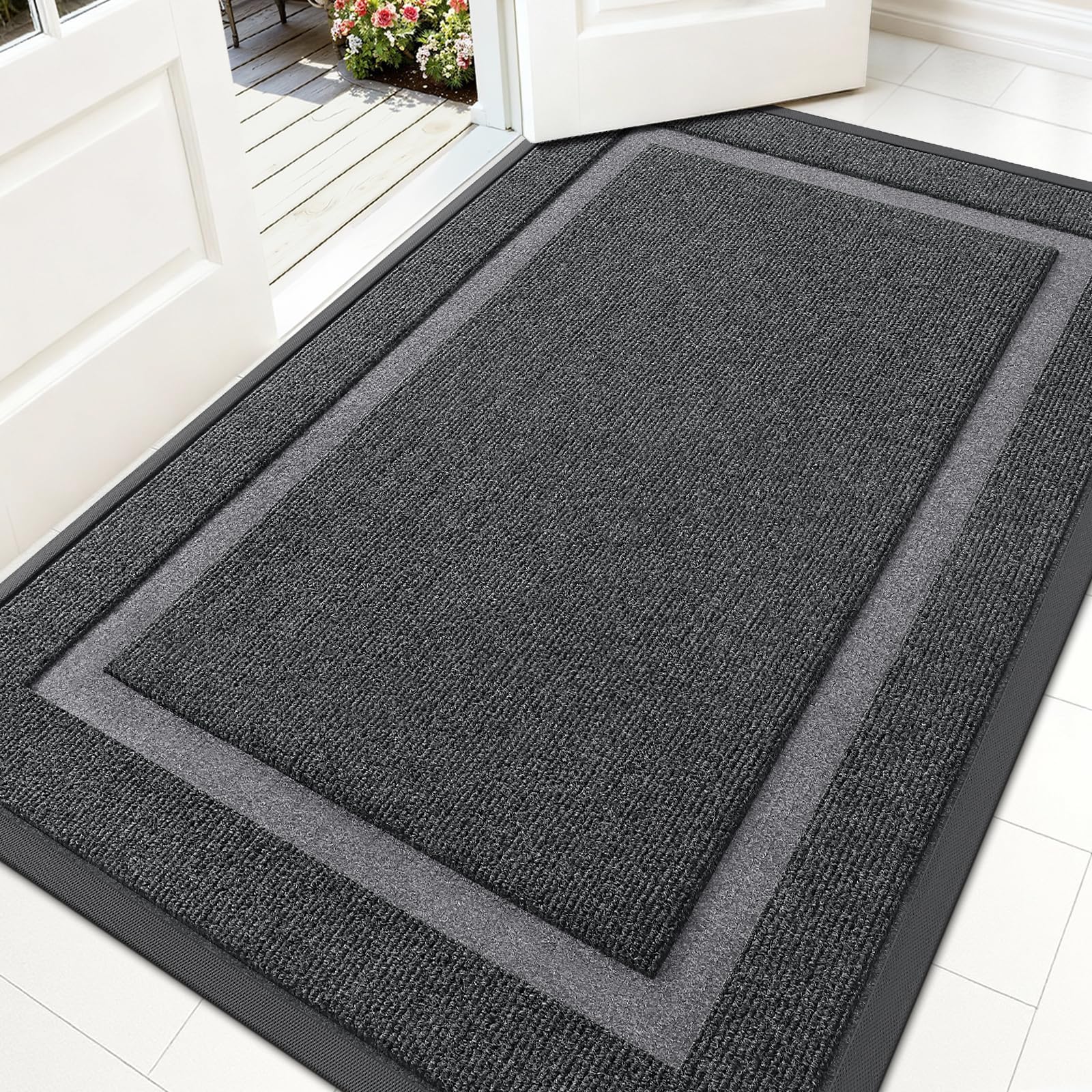 OLANLY Front Door Mat Indoor Outdoor Entrance, Waterproof All-Season, All-Weather Doormat, Sturdy Natural Rubber, Fade Resistant, Low Profile, Easy Clean Patio Porch Entryway Mat, 59x35, Grey