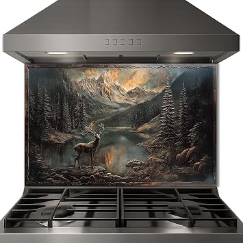 Rustic Elk Mountain Lake Glass Backsplash for Kitchen, Embossed Copper Glass Kitchen Backsplash, Rustic Stove Backsplash, Stove Behid Splashback Glass, Custom Kitchen Backsplash