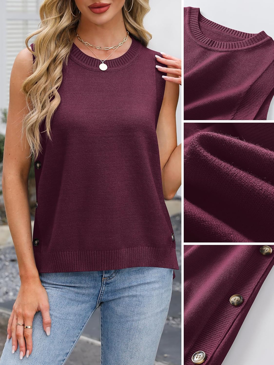 ANRABESS Womens Sweater Vest Summer Sleeveless Crewneck Ribbed Knit Side Button Loose Pullover Tank Tops 2025 Fall Outfits - Image 3