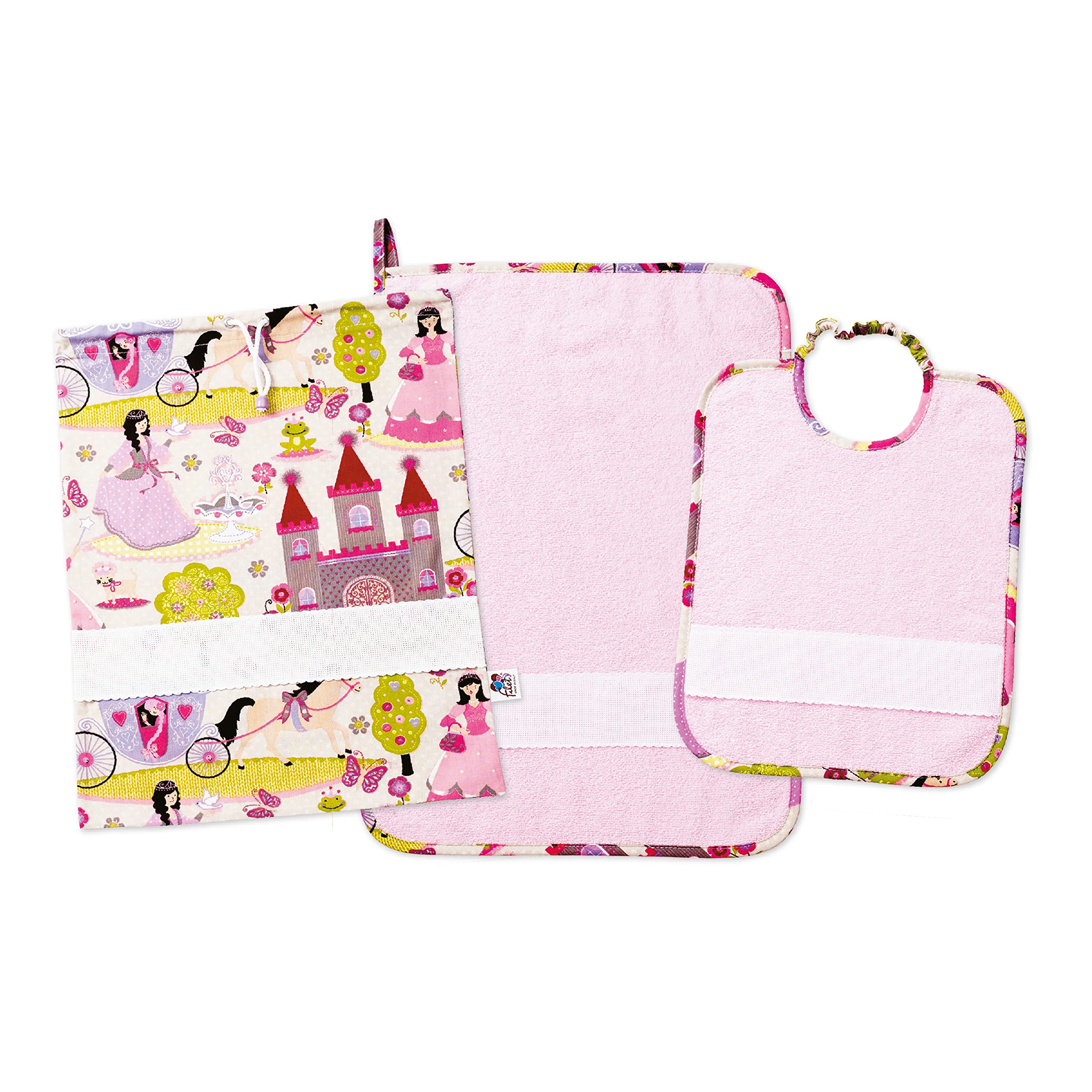 Filet - Set Asilo 3 Pezzi Fantasia Principesse con Tela Aida da Ricamare, Composto da Sacchetto, Asciugamano e Bavaglino in Spugna Colorata Rosa, 100% Cotone, Made in Italy