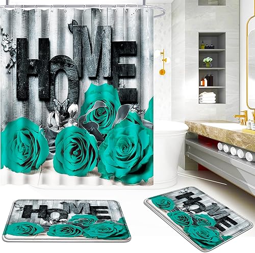 ENYORSEL Juego de 3 piezas de baño con cortina de ducha y alfombras, juego de cortina de ducha de baño de rosa verde con alfombras, incluye cortina