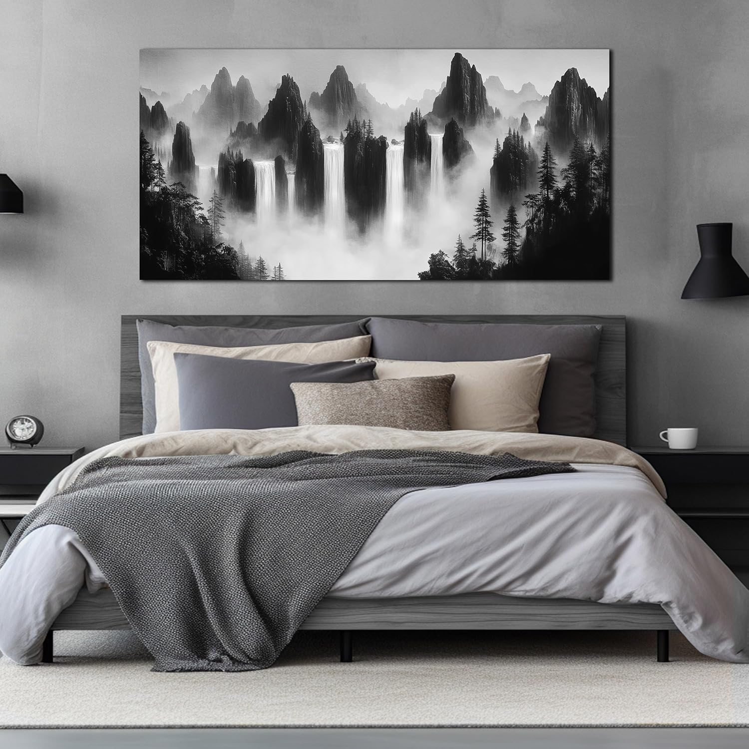 Mountain Canvas Wall Art for Living Room Large Size Black and White Pictures for Wall Waterfalls Wall Art for Office 29 x 58 Inches