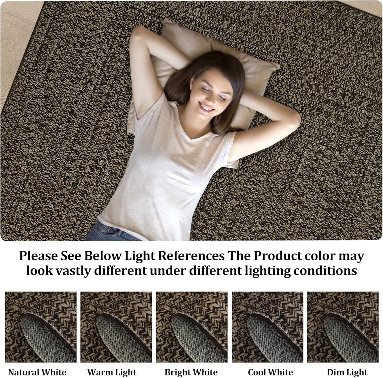 Washable Rugs for Living Room 9x12 Area Rug Braided Print Bedroom Rug Soft Non Slip Rustic Carpet Low Pile Stain-Resistant Farmhouse Carpet for Dining Room Nursery Cottage Office Black/Brown
