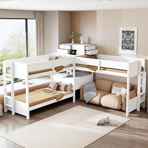 Virubi Twin L Shaped Triple Bunk Bed with Storage Drawers & Charging Station,Pine Solid Wood Triple Bunk Bed with Desk, Ladders & Guardrails, for Dormitory, Bedroom,No Box Spring Needed (Twin,White)