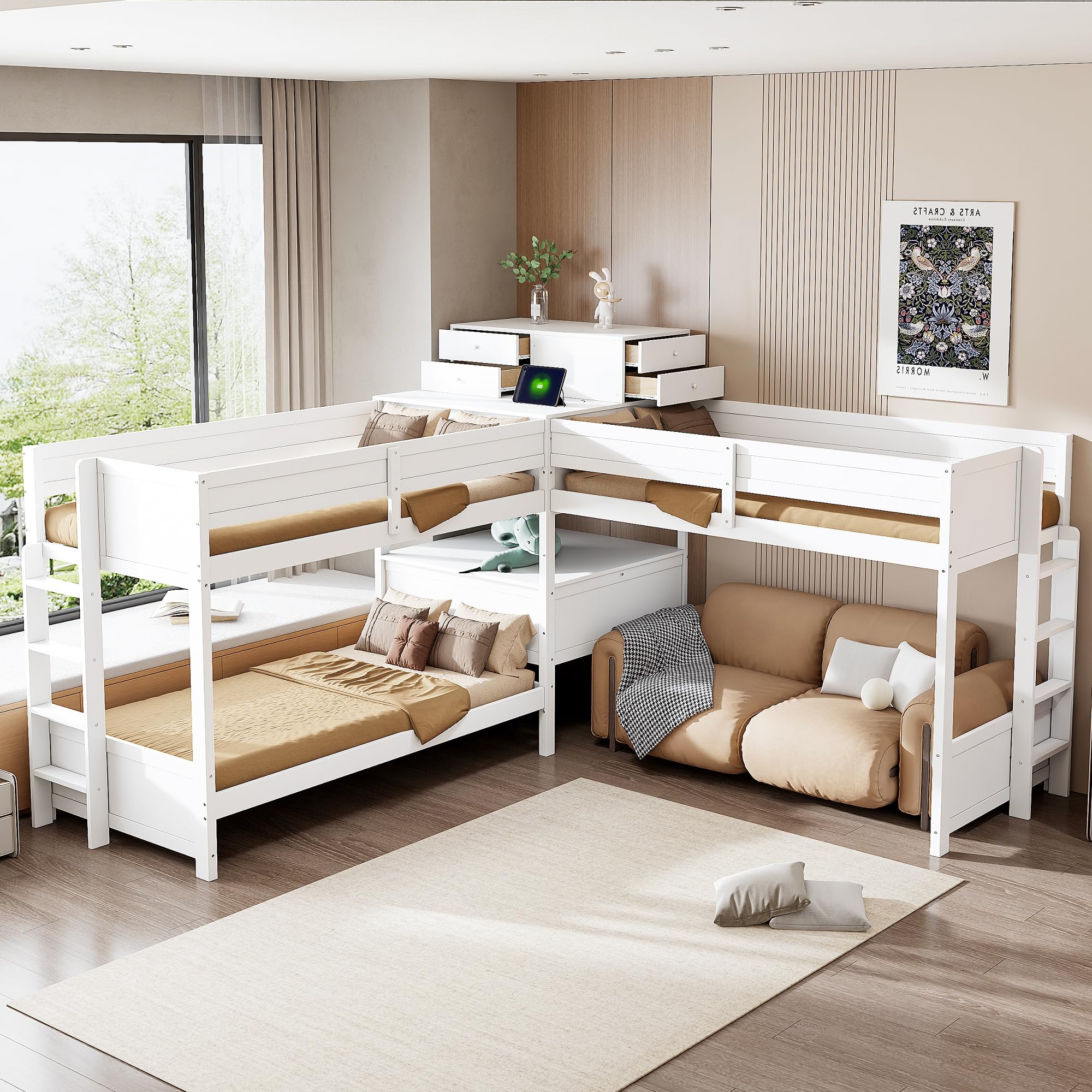 Photo 1 of Merax Twin L-Shaped Bunk Bed with Desk & Storage, White