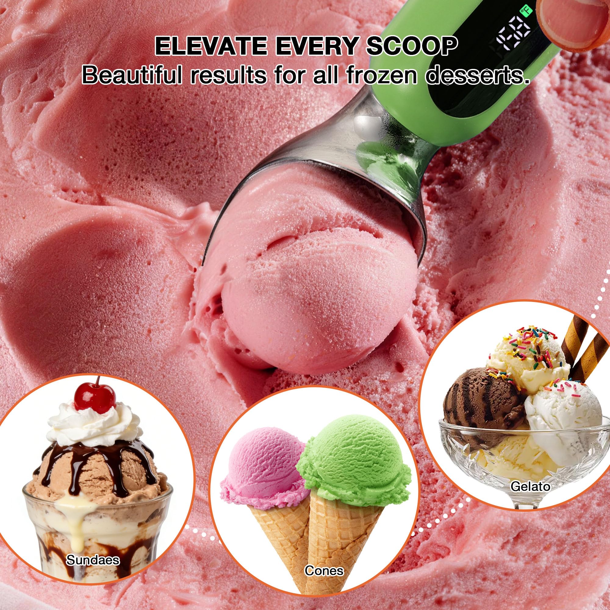 Paletta per gelato riscaldata, ricaricabile, elettrica, con display a LED, interruttore on/off, impermeabile IP67, riscalda fino a 70 °C, per gelato duro (verde)