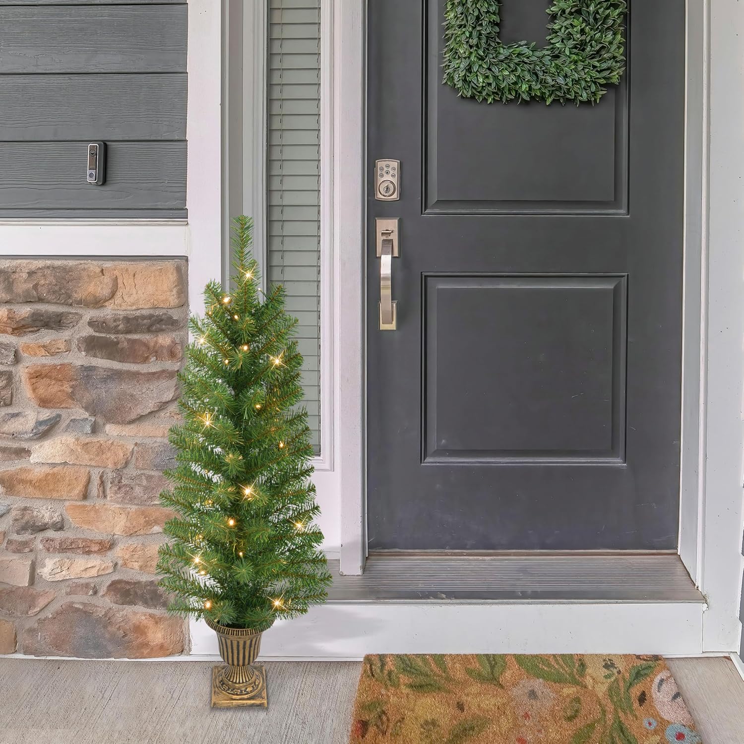 Puleo International Set of 2 Artificial Battery-Operated Pre-Lit Potted Christmas Trees Total of 70 Warm White LED Lights