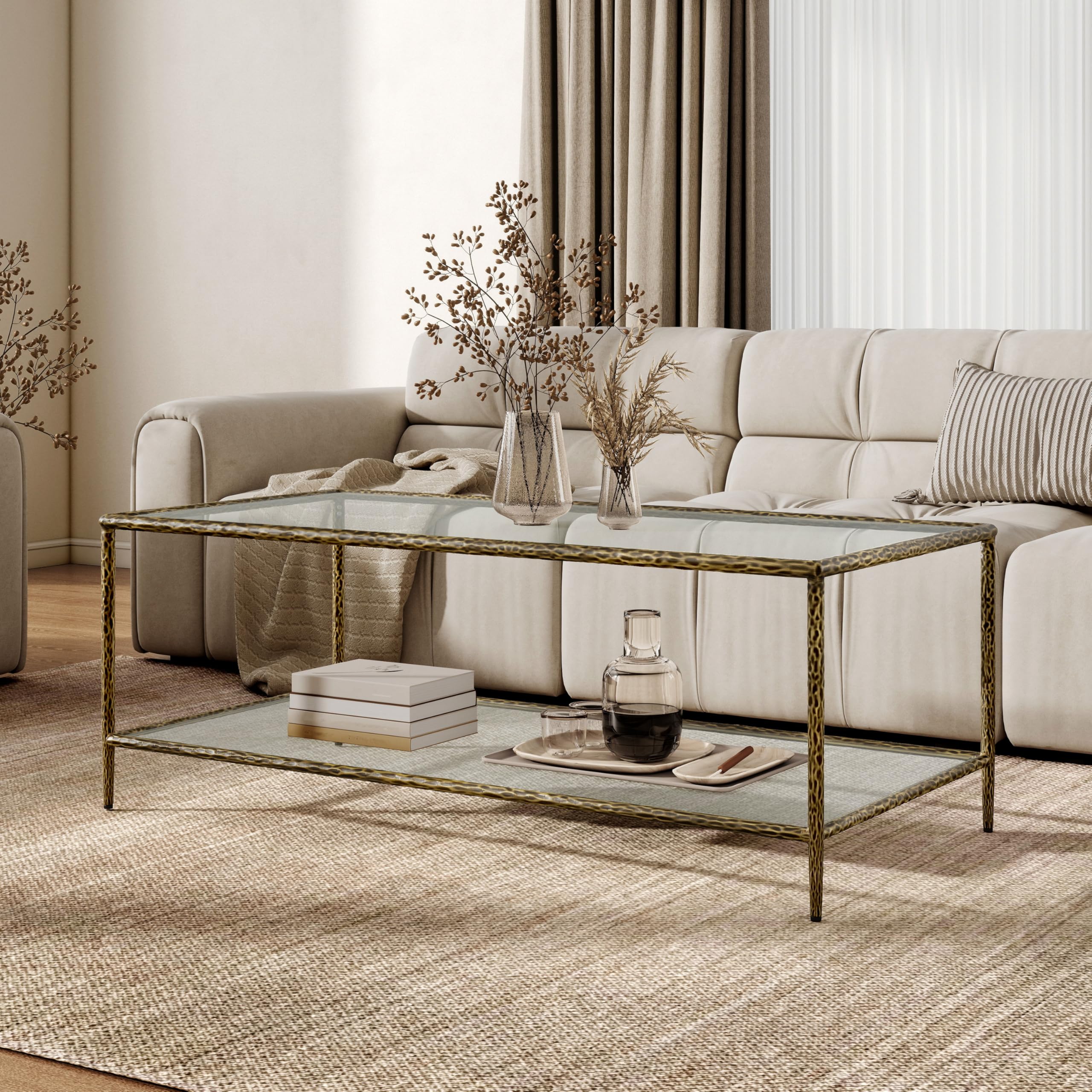 24 7 Shop at Home Lalia Modern 47-inch Coffee Table with Tempered Glass Top and Shelf Hammered Steel