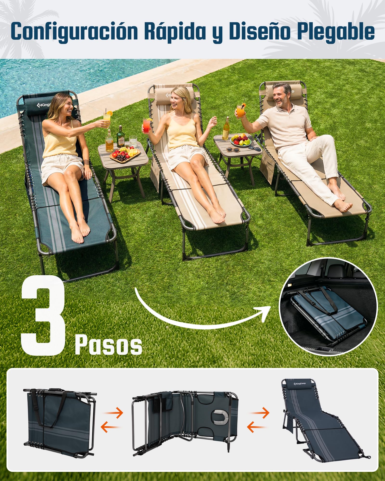 KingCamp Tumbona Plegable con Agujero para Lectura, Respaldo Ajustable 5 Posiciones, Silla Reclinable de Jardín con Correa, Cama Solar Portátil para Playa Terraza Piscina Camping Cama Supletoria