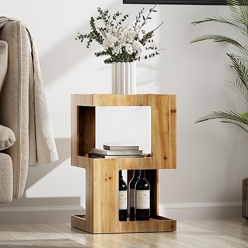 Miniatura 6 de COZAYH Mesa auxiliar de madera geométrica de granja, mesa auxiliar envejecida con dos espacios de almacenamiento, diseño de cubo de 3 capas para