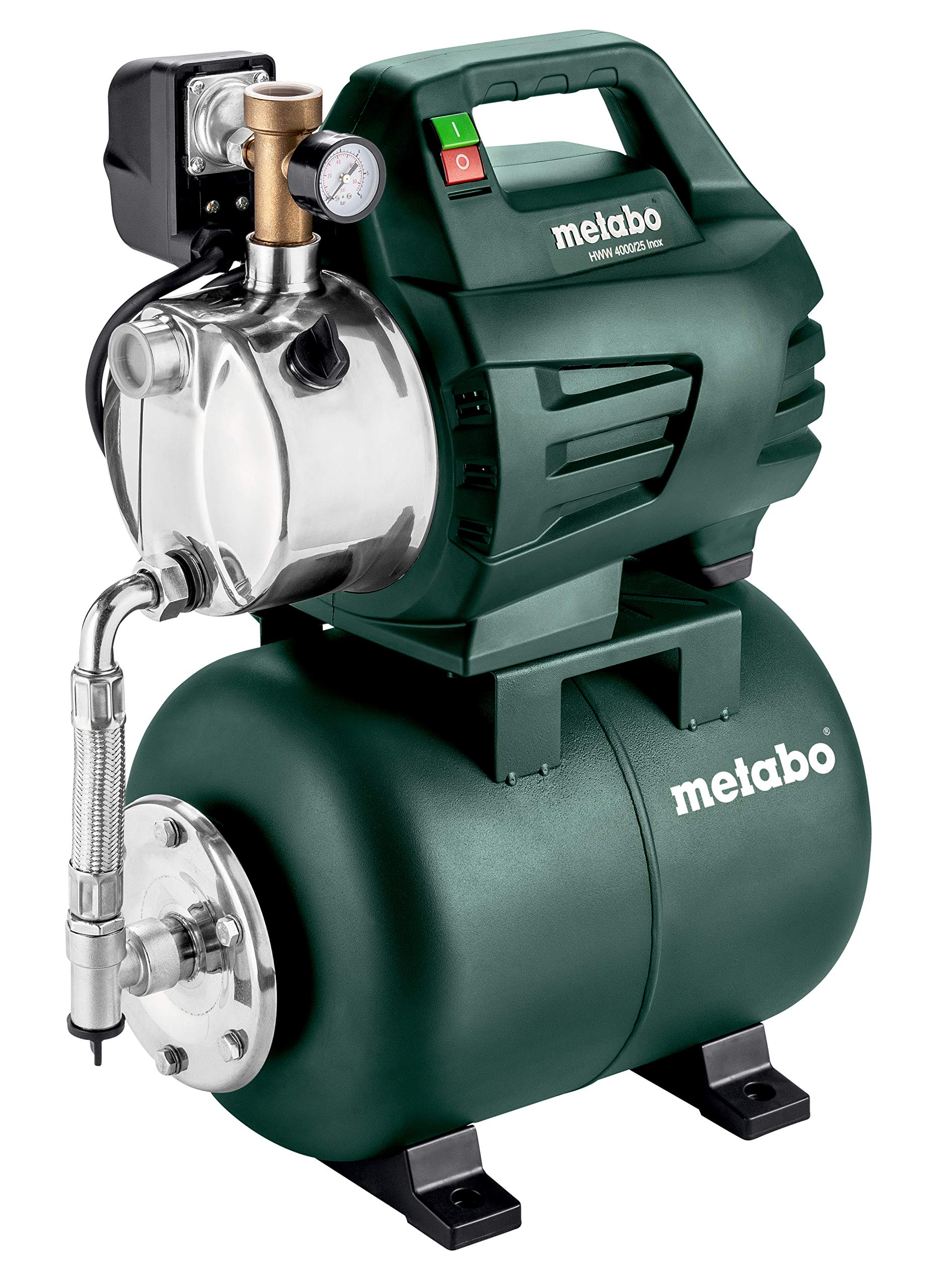 metabo Hauswasserwerk HWW 4000/25 Inox, 1100 Watt Hauswasserversorgung | HWS zur automatischen Wasserversorgung im Garten & Haus, 24l Tank, 4000 l/h, Inox-Gehäuse, HWA Wasserwerk, 4.5 bar