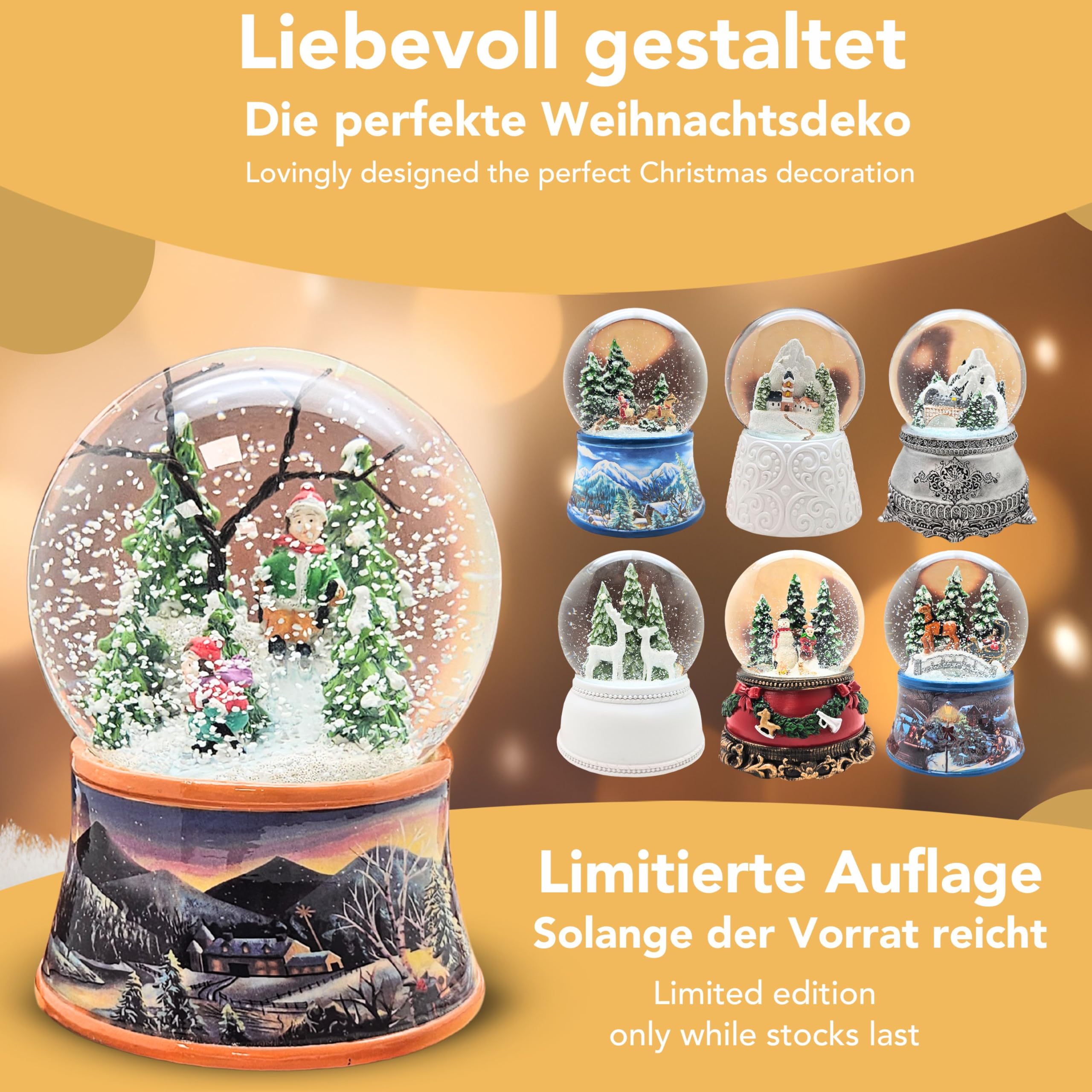 Schneekugel Weihnachten mit Musik | Nostalgische Skifahrer | Sockel Winterlandschaft Ocker| H: 14cm B: 10 cm | Schüttelkugel Wintersport Winter mit Spieluhr | 20275