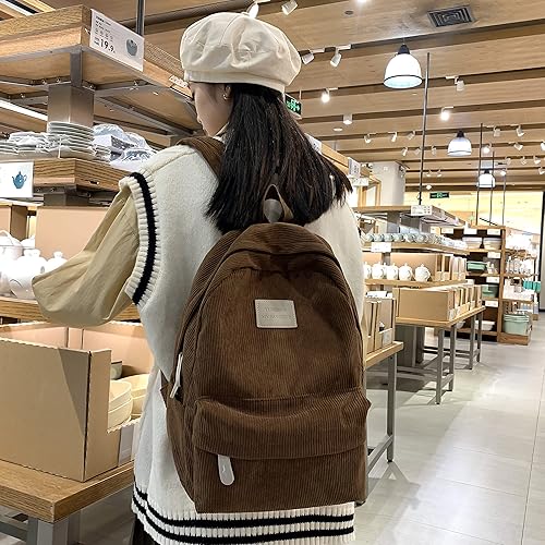 Miniatura 7 de JHTPSLR Light Academia Mochila Estética Mochila de pana Mochila Preppy Mochila sólida Mochila de pana para portátil Mochila de día, Marrón, Mochila