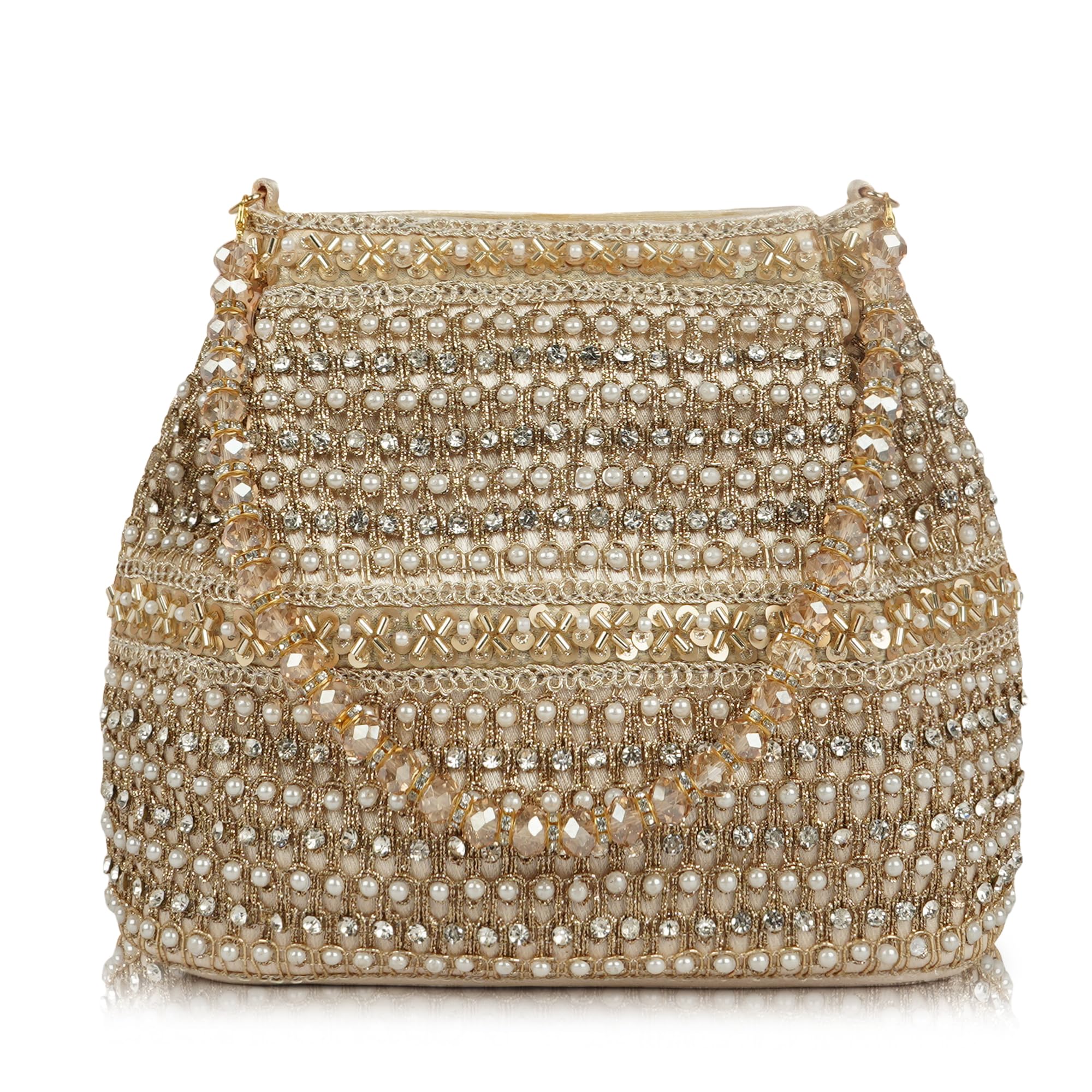 Silk Fabric Premium Pearl & Crystal Embroidered Potli Bag for Women | Ethnic Bridal Clutch with Golden Handle | Party & Wedding-image-14