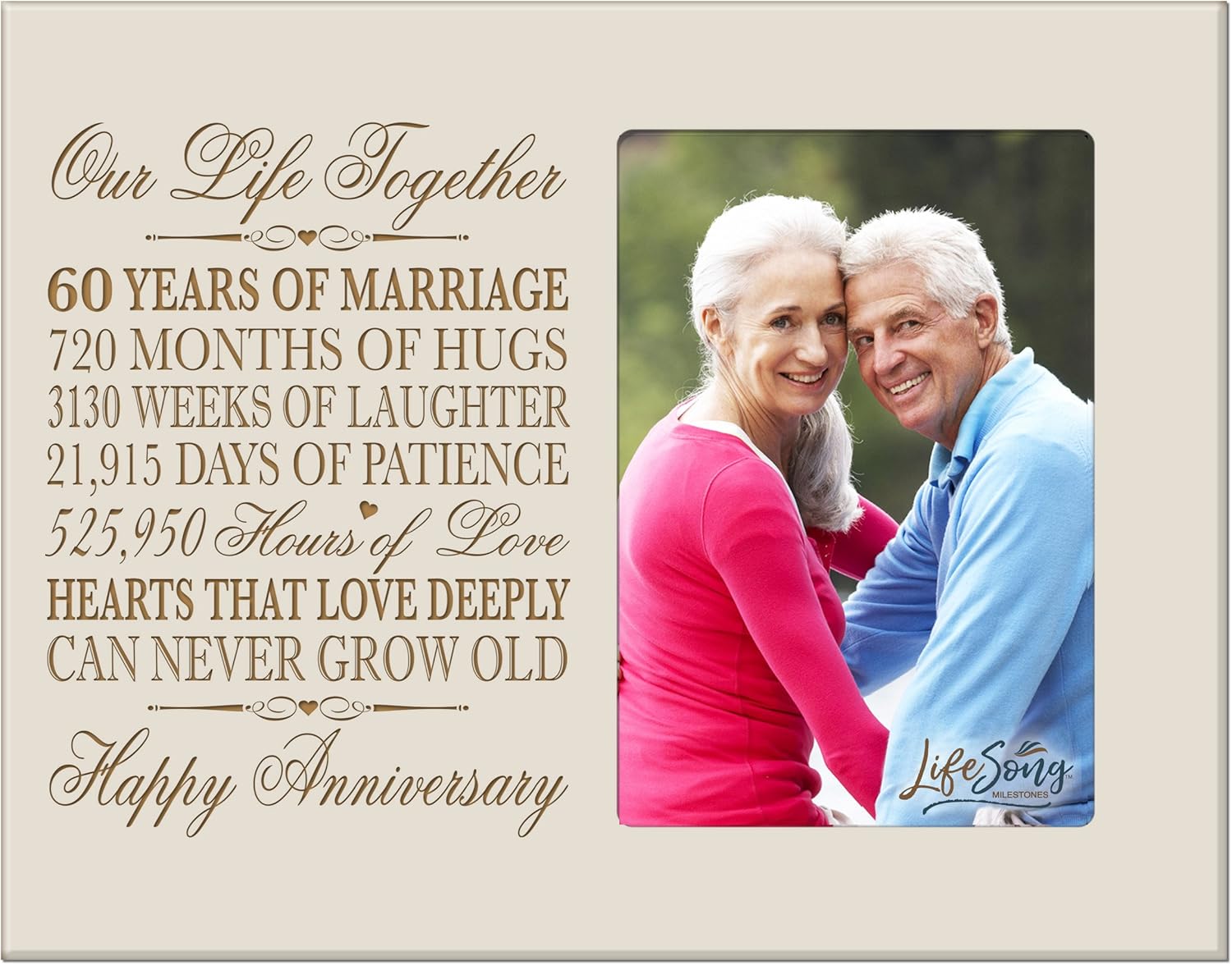60th for her him 60 Year Wedding for Couple Parents Celebration Picture Frame Holds 4x6 Photo 8" H X 10" W (Ivory)