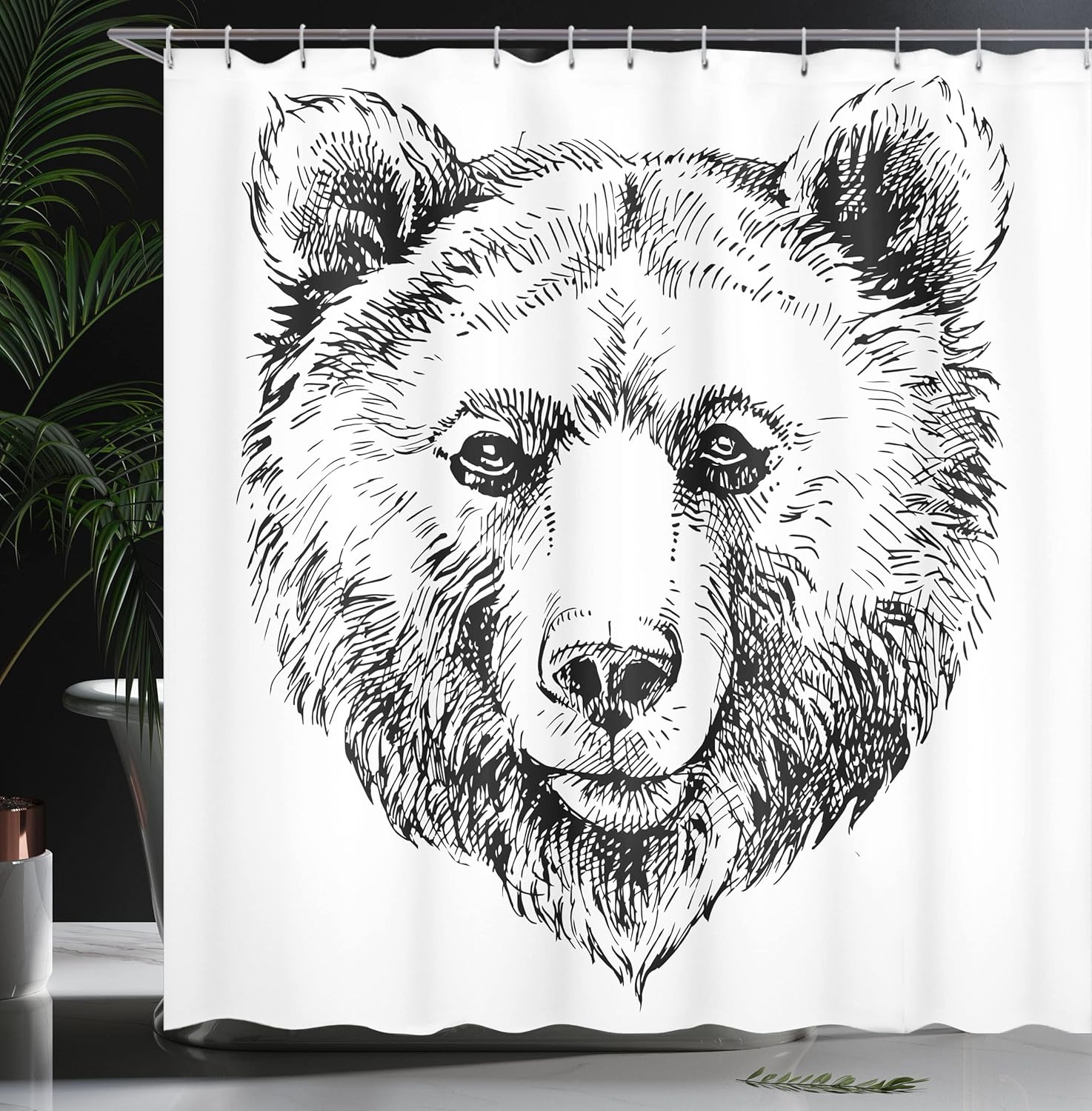 Ambesonne Animal Shower Curtain, Hand Sketch Grizzly Bear Wildlife Mammal Ink Drawing Nature Theme Art, Cloth Fabric Bathroom Decor Set with Hooks, 69" W x 70" L, Black White