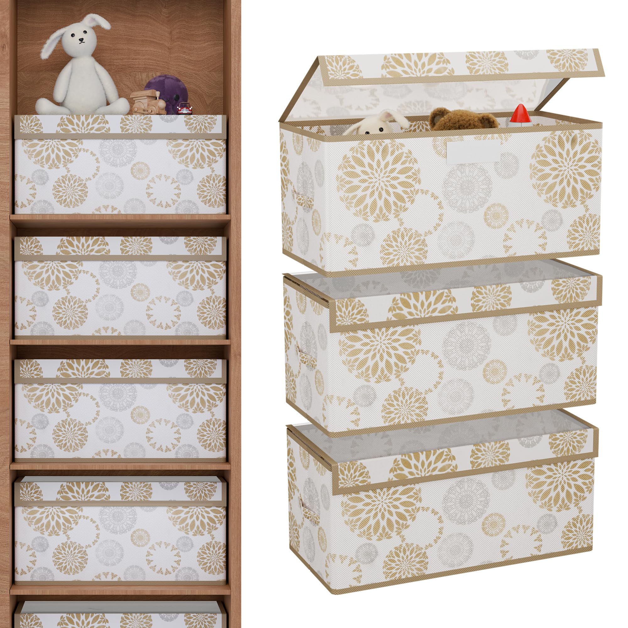 Kuber Industries 3 Pcs Storage Box with Transparent Lid | Closet Organizers for Toys & Book Storage | Foldable Almirah Dress Organizer | Cupboard/Wardrobe Drawer Organiser | Large - Gola | White