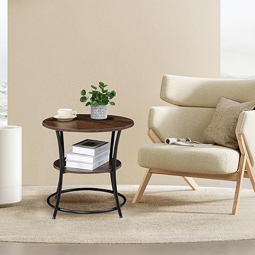 Miniatura 8 de BETTAHOME BT023 - Mesa auxiliar redonda de 2 niveles, mesa auxiliar con estante para sofá, ideal para sala de estar, marrón rústico y negro