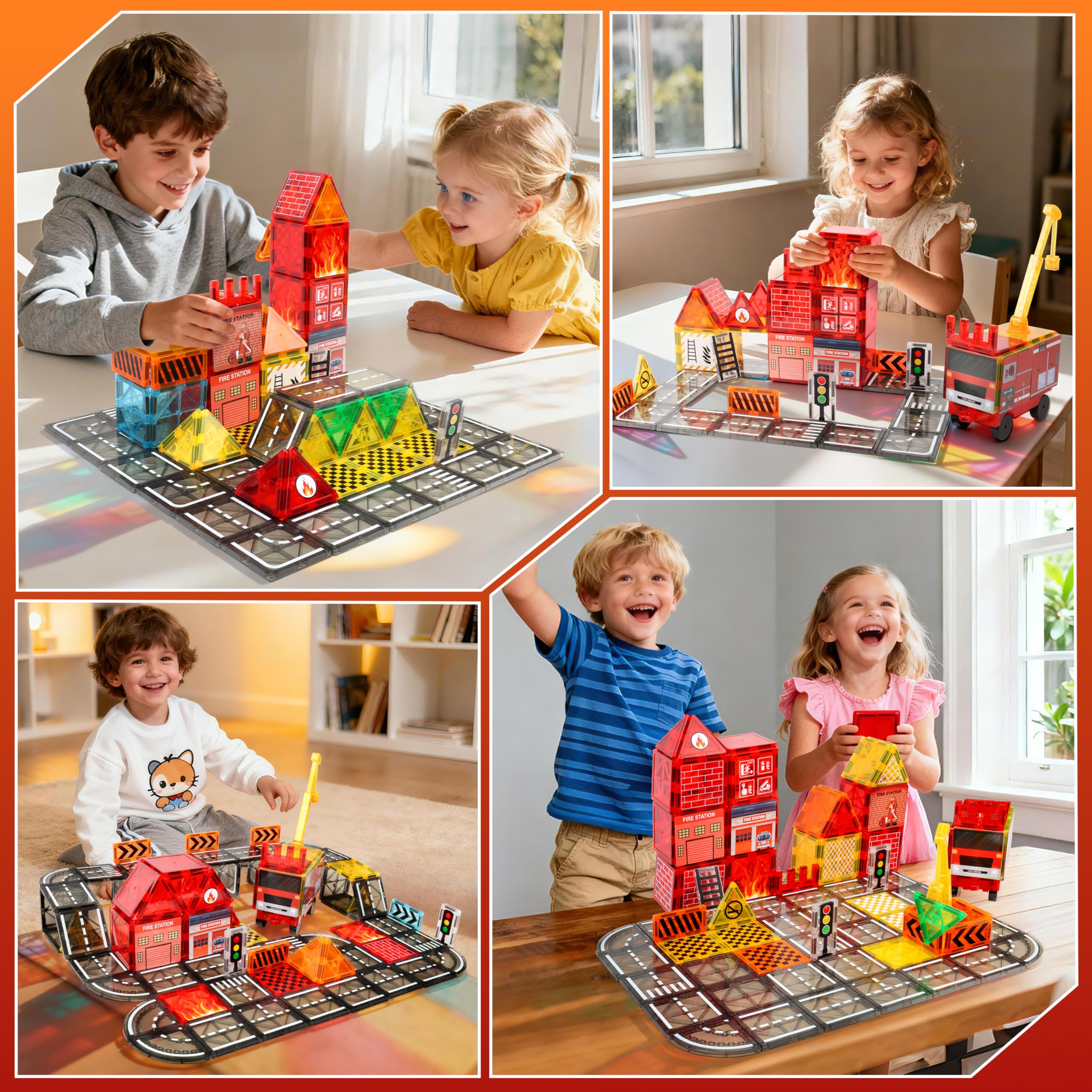 YOOHBERRYS Costruzioni Magnetiche Strada, Costruzioni Magnetiche per Bambini 100 pezzi con Camion dei Pompieri e Building, Tessere Magnetiche Blocchi Magnetici Giocattoli Tiles Magnetic 3 4 5 6 anni