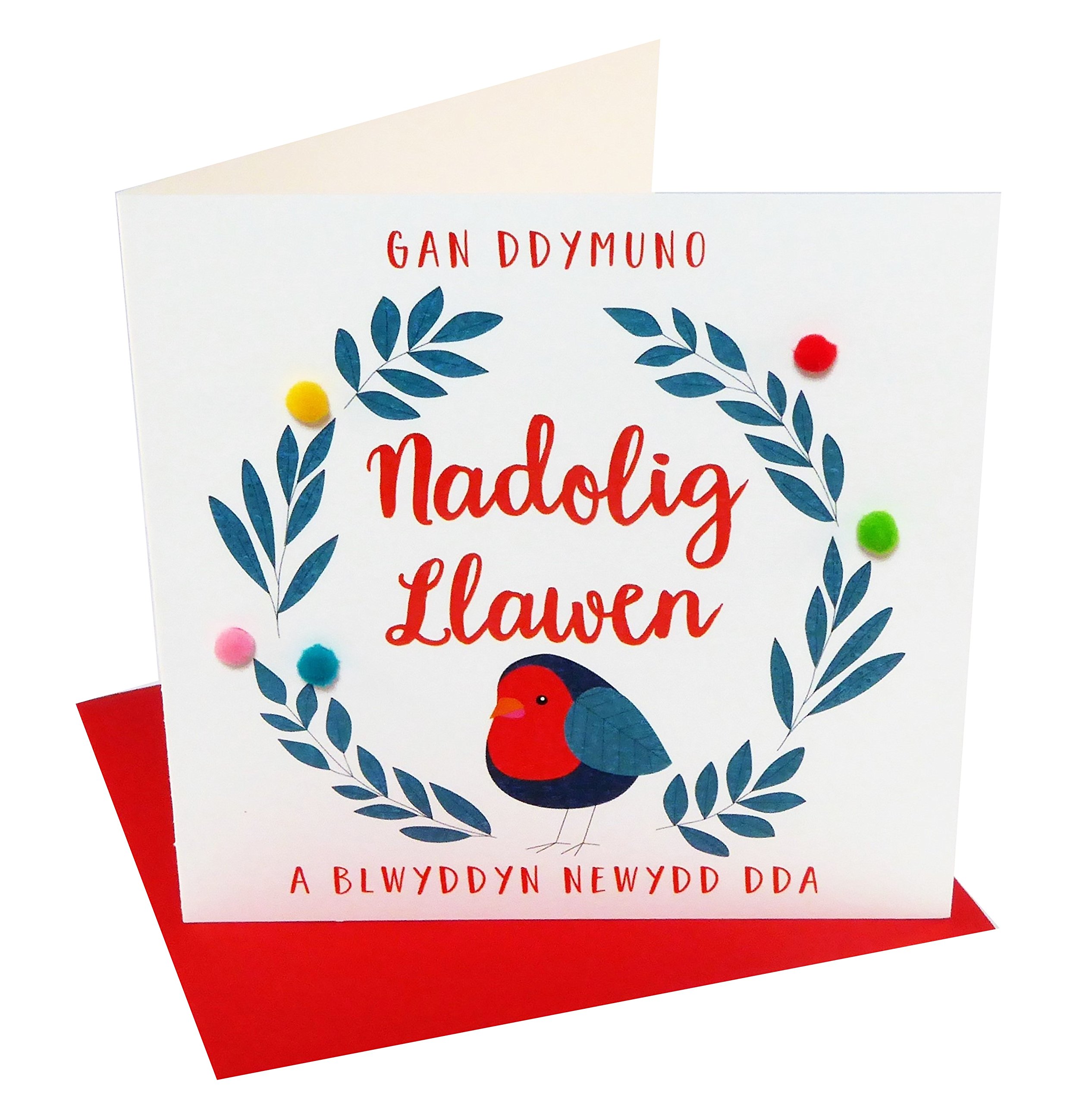 Claire Giles Greeting Cards, Welsh Happy Christmas Card, Nadolig Llawen, Robin design xmas Greeting Card, Embellished with colourful Pompoms