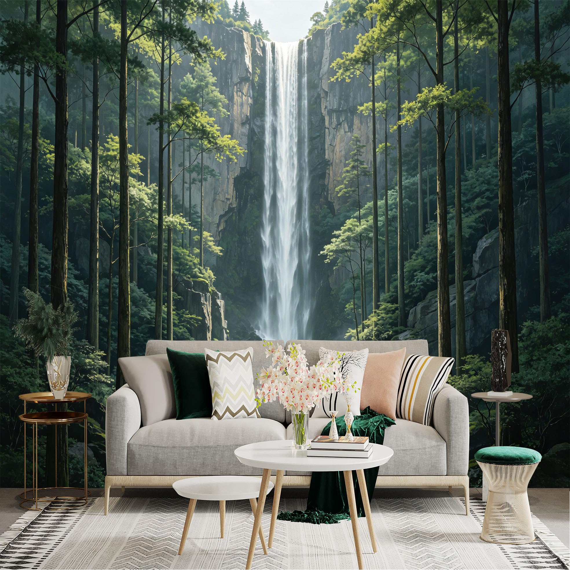 Lnzczhyre Dbh260521322 Custom Size Wall Sticker Mural， Majestic Waterfall In Deep Forest， Tall Green Trees， Rocky Cliff Landscape， Serene Nature Scenery， For Wall Decoration， Peelandstick Wall Decals.